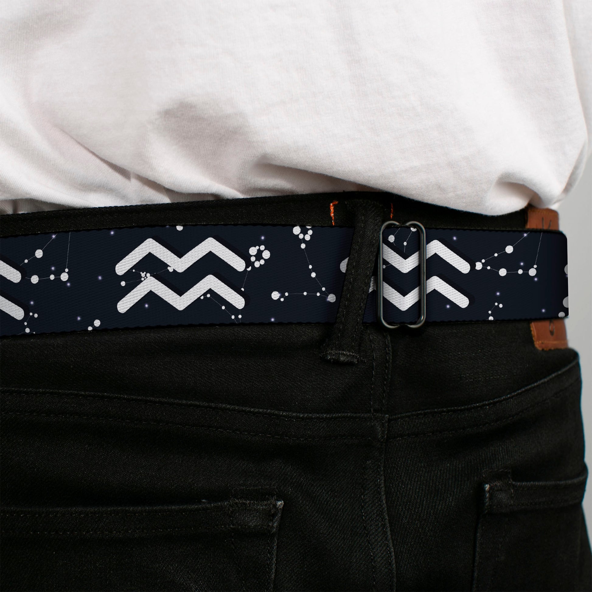 BD Wings Logo CLOSE-UP Full Color Black Silver Seatbelt Belt - Zodiac Aquarius Symbol/Constellations Black/White Webbing Seatbelt Belts Buckle-Down