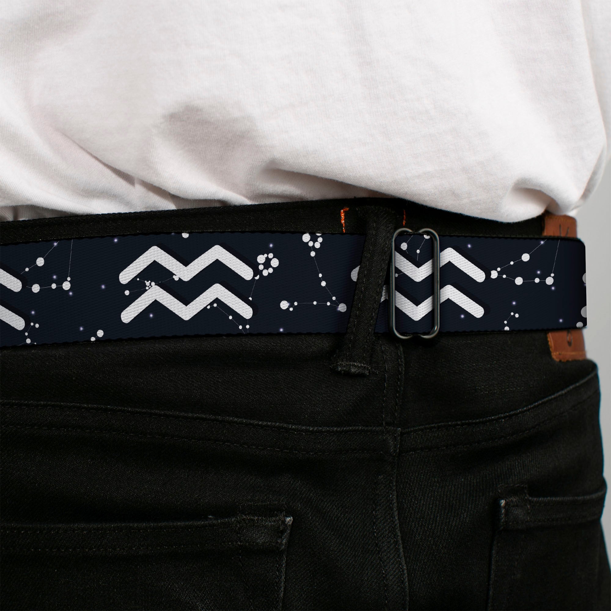 BD Wings Logo CLOSE-UP Full Color Black Silver Seatbelt Belt - Zodiac Aquarius Symbol/Constellations Black/White Webbing Seatbelt Belts Buckle-Down