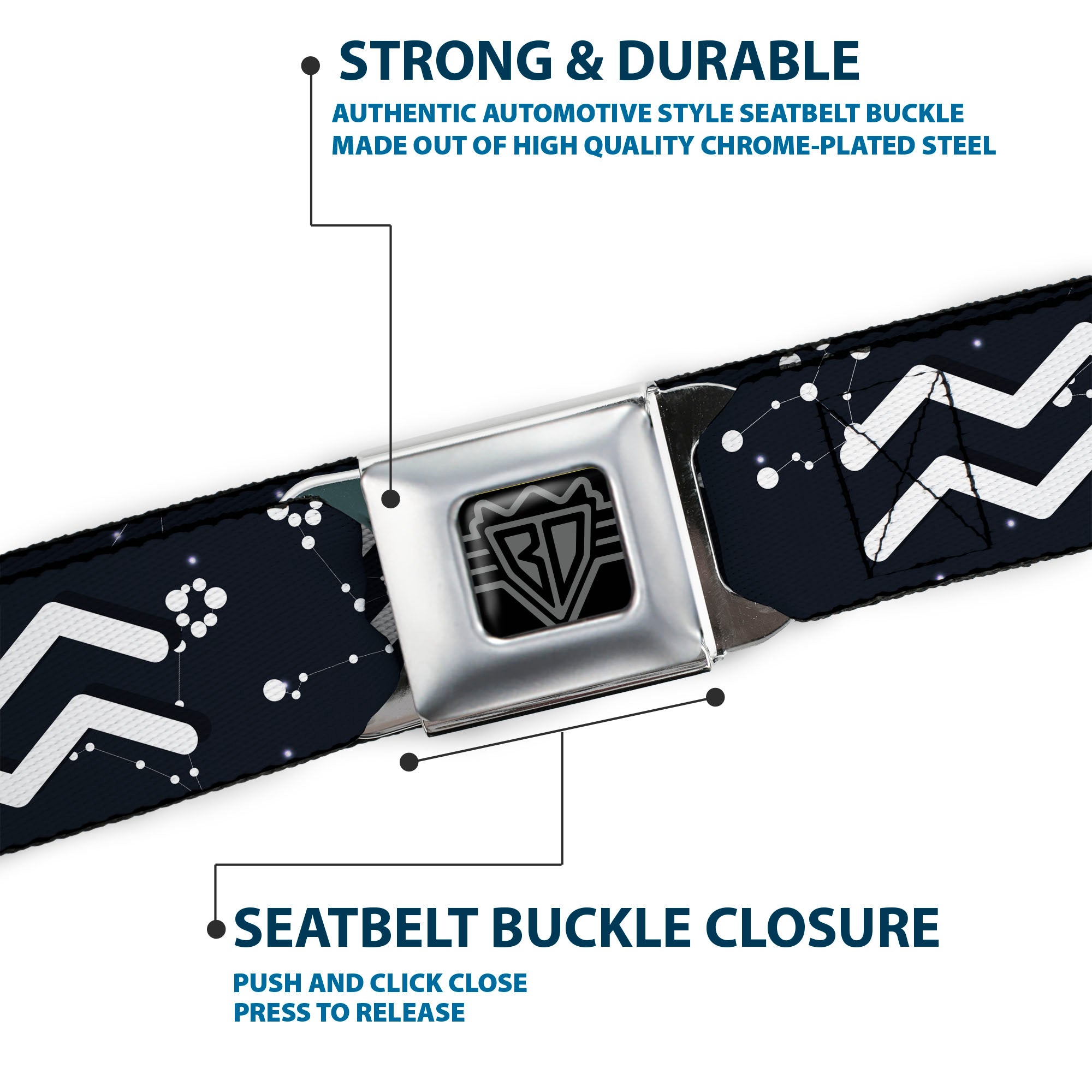 BD Wings Logo CLOSE-UP Full Color Black Silver Seatbelt Belt - Zodiac Aquarius Symbol/Constellations Black/White Webbing Seatbelt Belts Buckle-Down