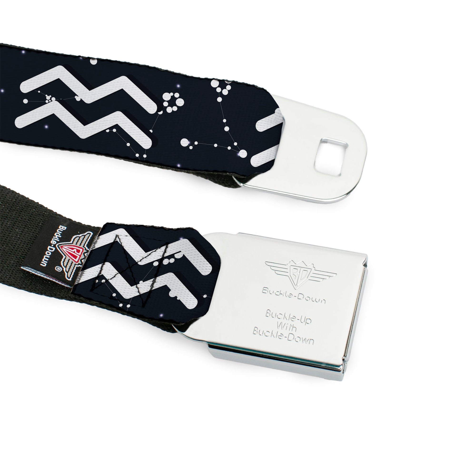 BD Wings Logo CLOSE-UP Full Color Black Silver Seatbelt Belt - Zodiac Aquarius Symbol/Constellations Black/White Webbing Seatbelt Belts Buckle-Down
