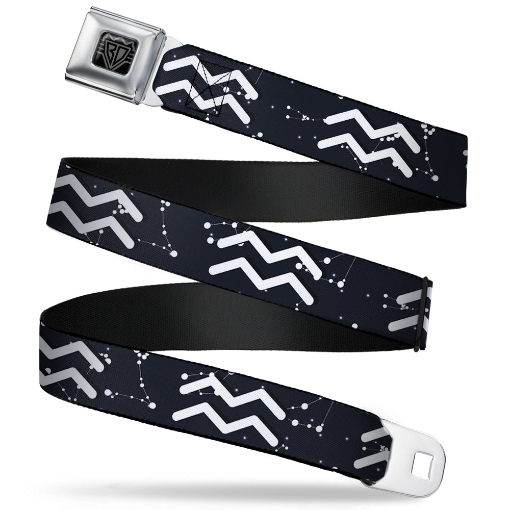 BD Wings Logo CLOSE-UP Full Color Black Silver Seatbelt Belt - Zodiac Aquarius Symbol/Constellations Black/White Webbing Seatbelt Belts Buckle-Down