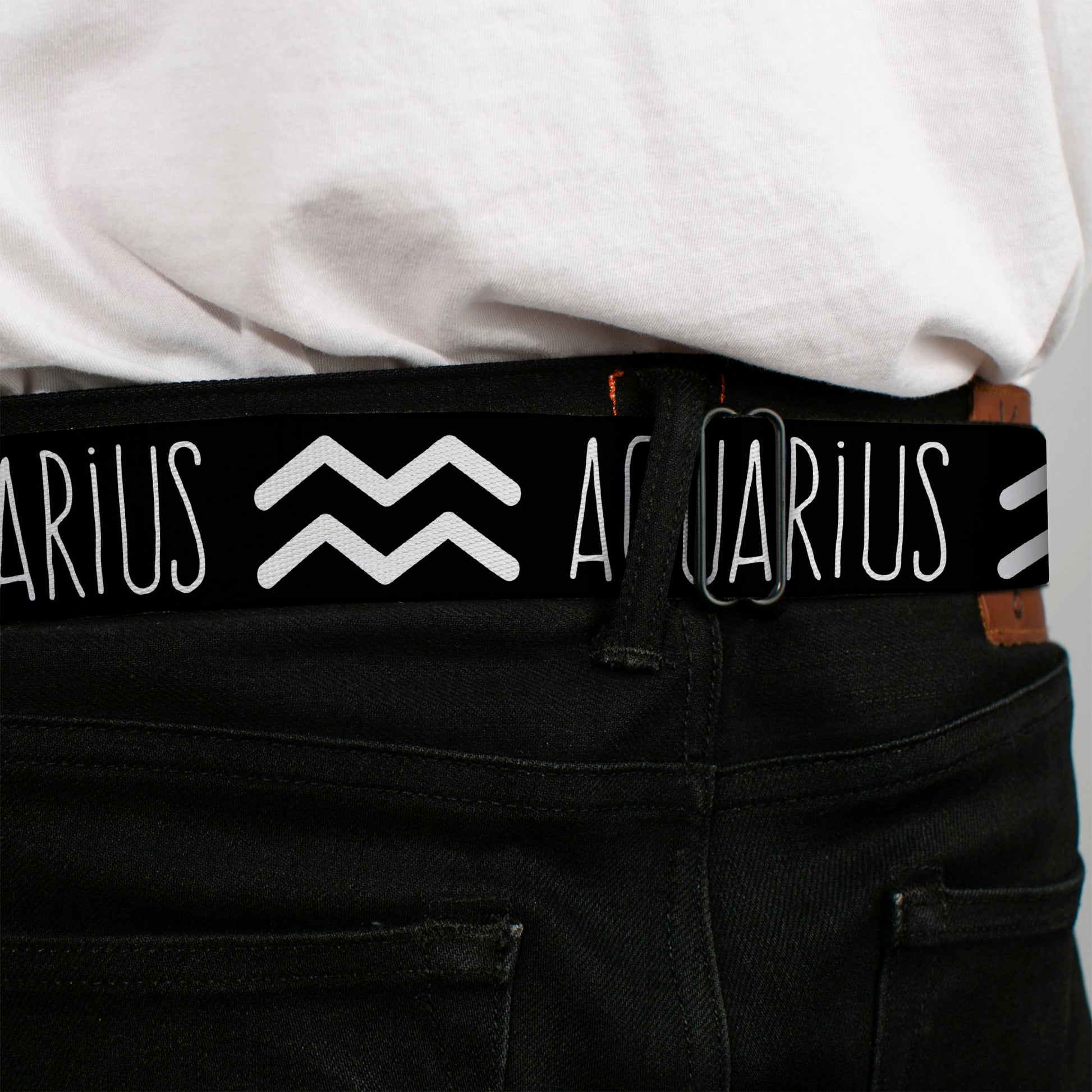 BD Wings Logo CLOSE-UP Full Color Black Silver Seatbelt Belt - Zodiac AQUARIUS/Symbol Black/White Webbing Seatbelt Belts Buckle-Down