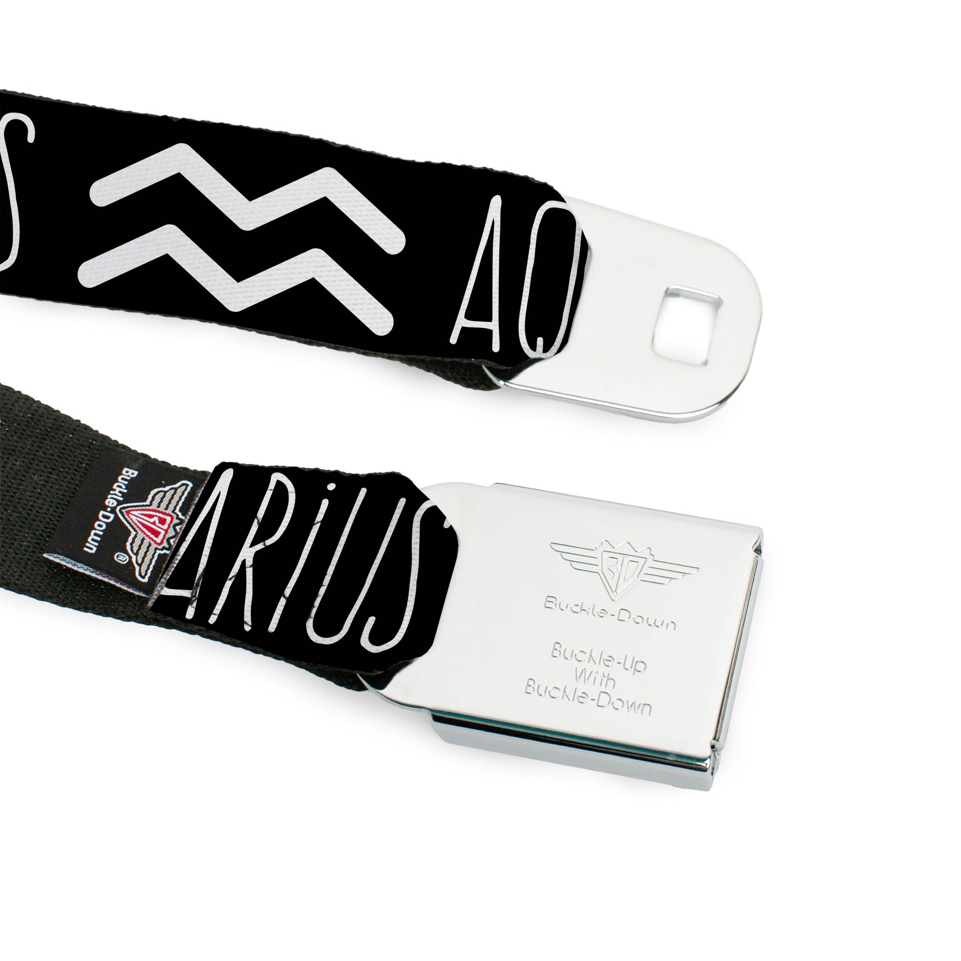 BD Wings Logo CLOSE-UP Full Color Black Silver Seatbelt Belt - Zodiac AQUARIUS/Symbol Black/White Webbing Seatbelt Belts Buckle-Down
