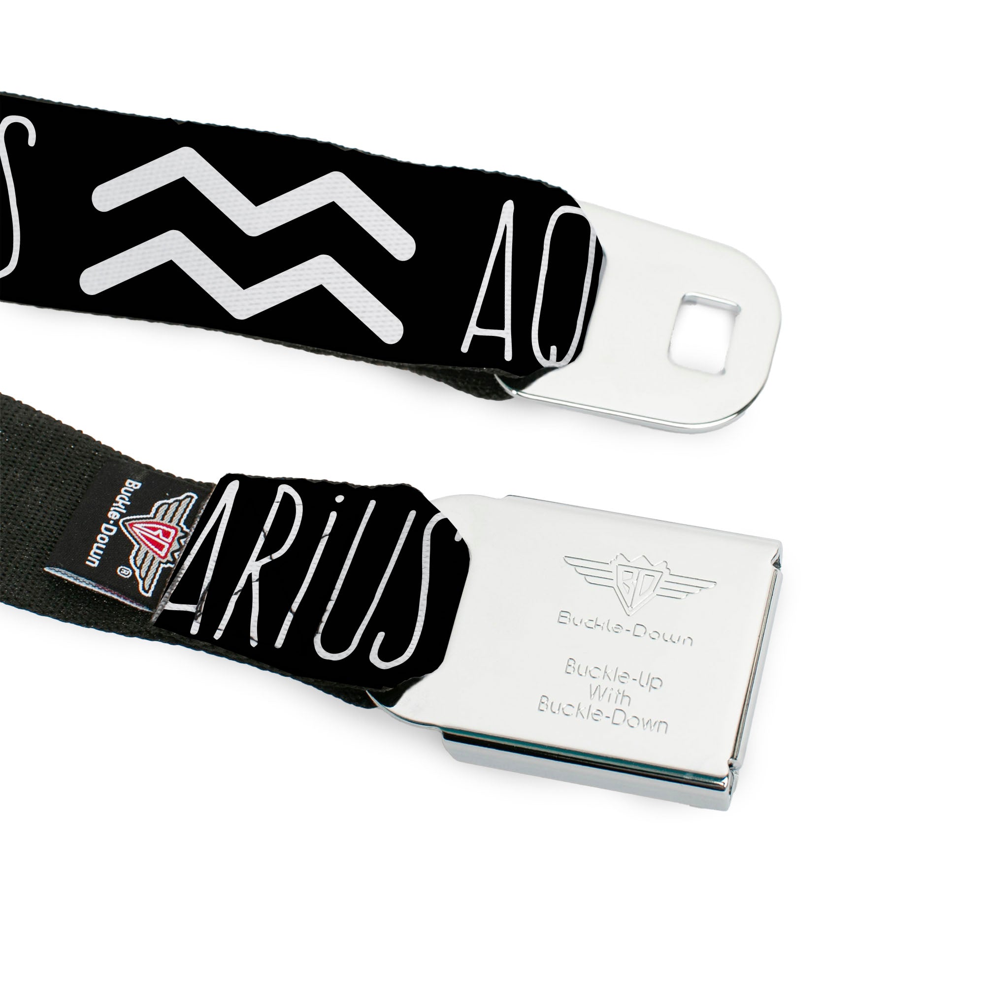 BD Wings Logo CLOSE-UP Full Color Black Silver Seatbelt Belt - Zodiac AQUARIUS/Symbol Black/White Webbing Seatbelt Belts Buckle-Down