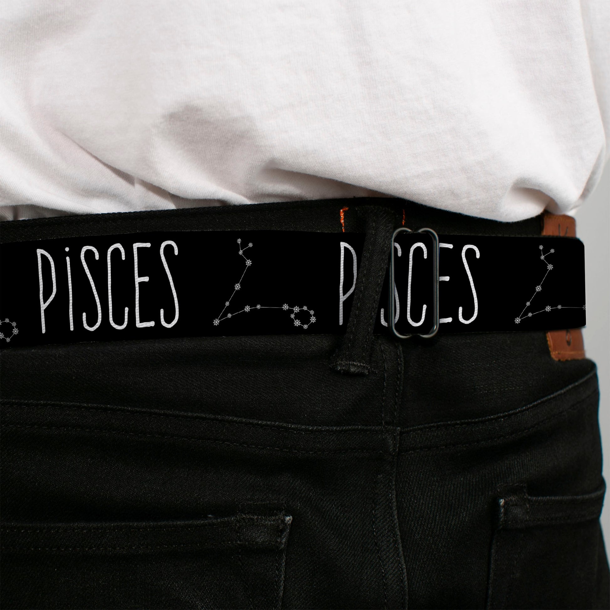 BD Wings Logo CLOSE-UP Full Color Black Silver Seatbelt Belt - Zodiac PISCES/Constellation Black/White Webbing Seatbelt Belts Buckle-Down