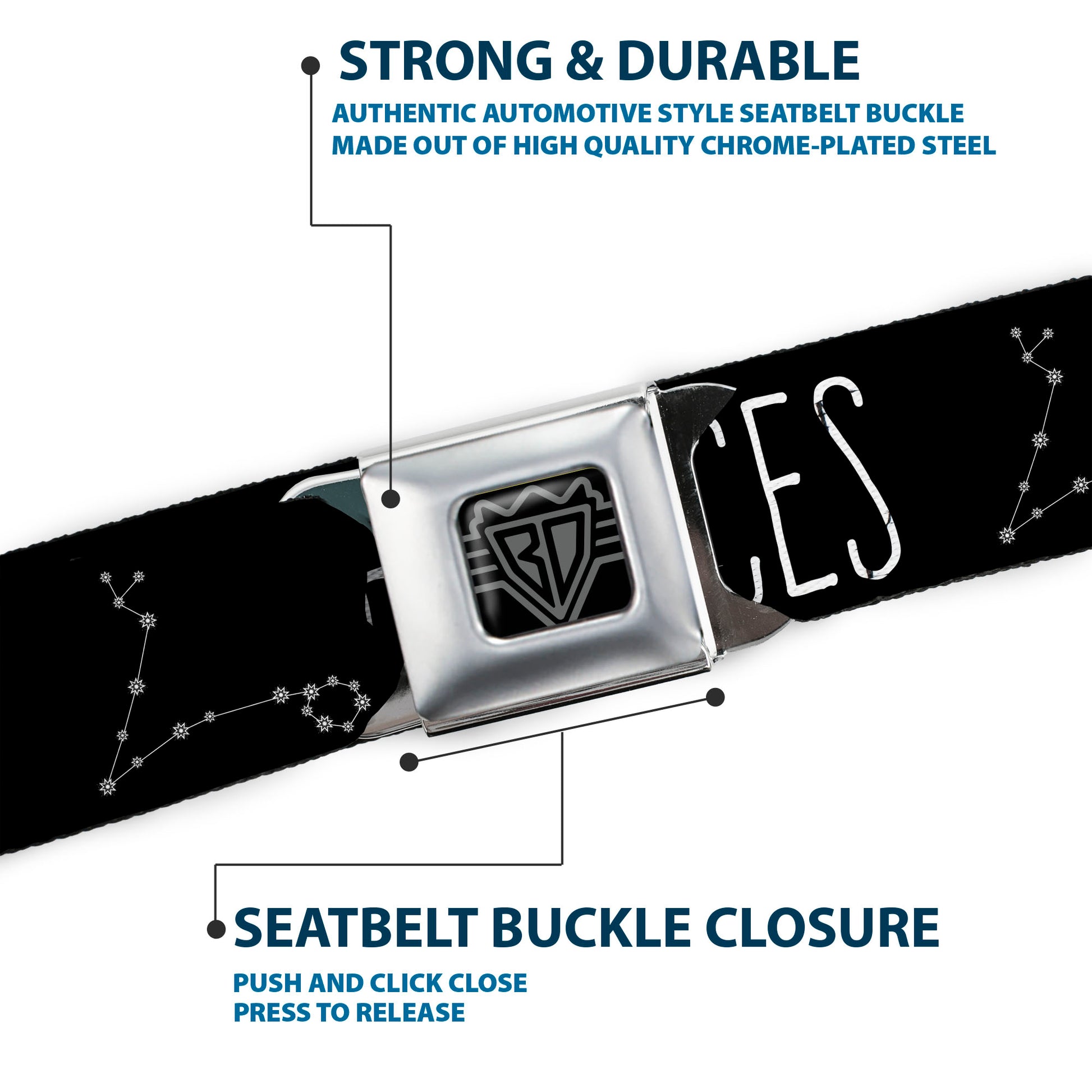 BD Wings Logo CLOSE-UP Full Color Black Silver Seatbelt Belt - Zodiac PISCES/Constellation Black/White Webbing Seatbelt Belts Buckle-Down