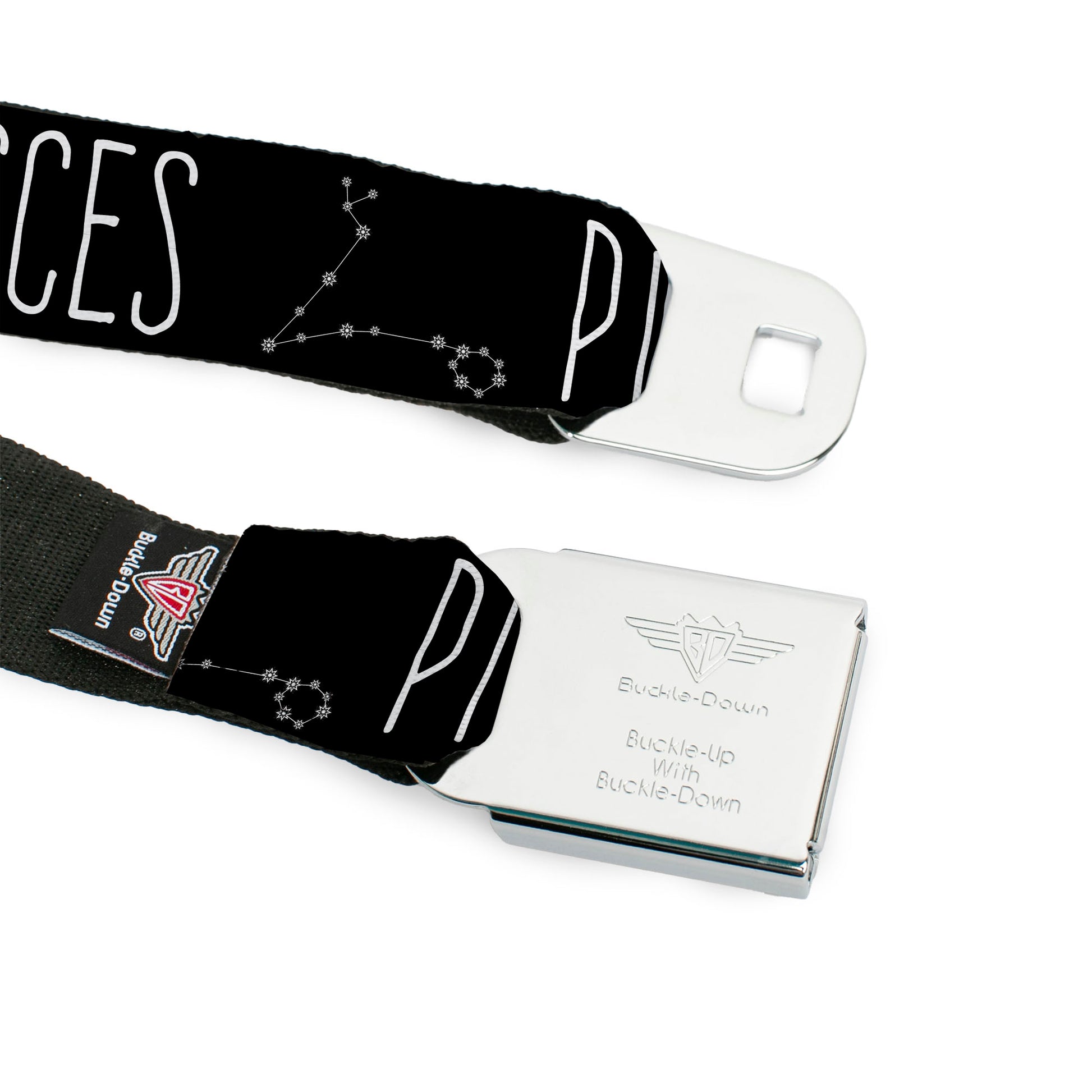 BD Wings Logo CLOSE-UP Full Color Black Silver Seatbelt Belt - Zodiac PISCES/Constellation Black/White Webbing Seatbelt Belts Buckle-Down
