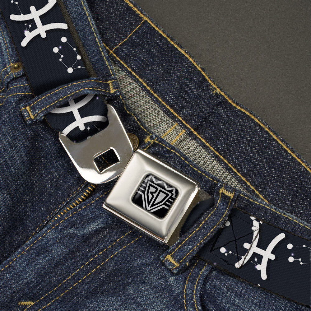 BD Wings Logo CLOSE-UP Full Color Black Silver Seatbelt Belt - Zodiac Pisces Symbol/Constellations Black/White Webbing Seatbelt Belts Buckle-Down
