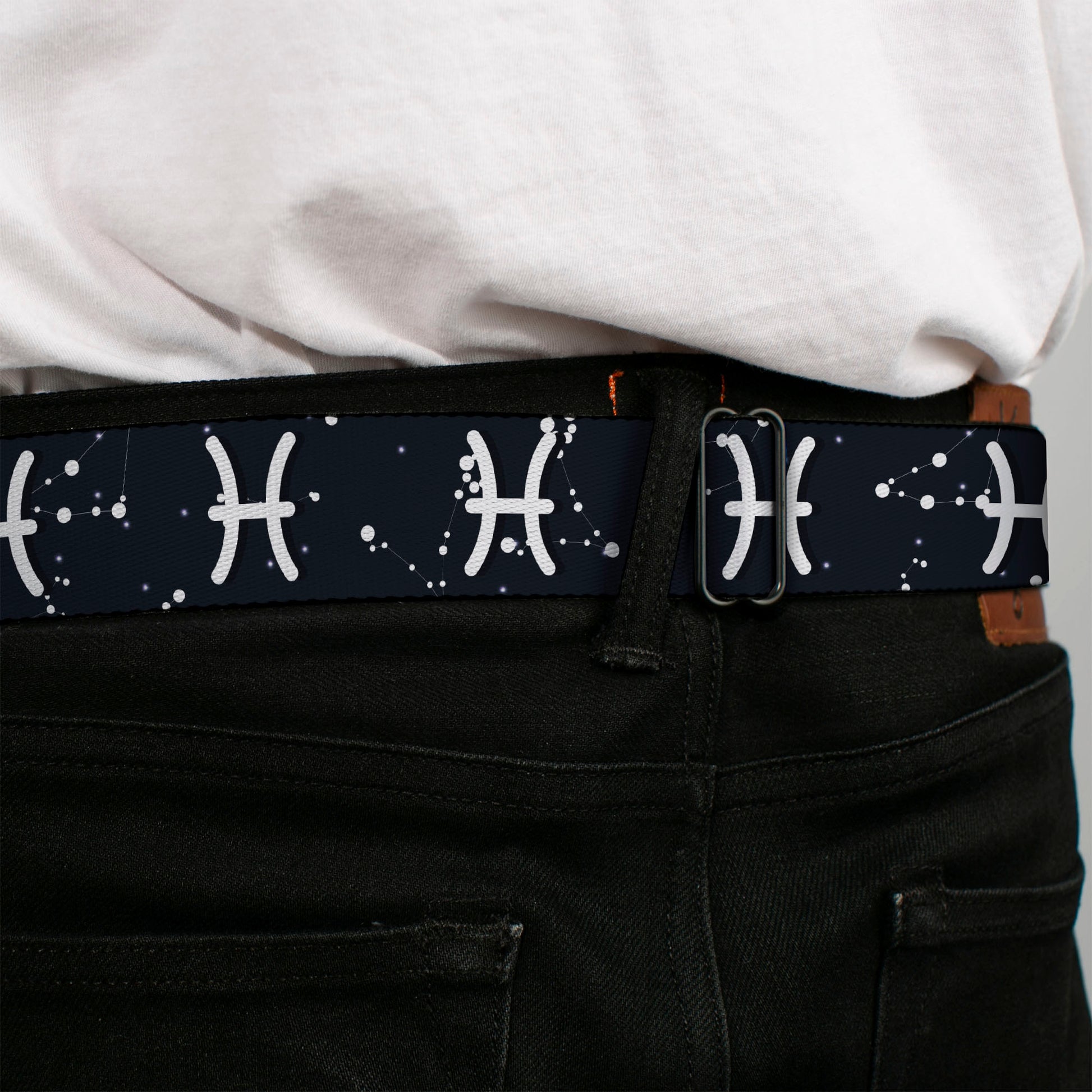 BD Wings Logo CLOSE-UP Full Color Black Silver Seatbelt Belt - Zodiac Pisces Symbol/Constellations Black/White Webbing Seatbelt Belts Buckle-Down