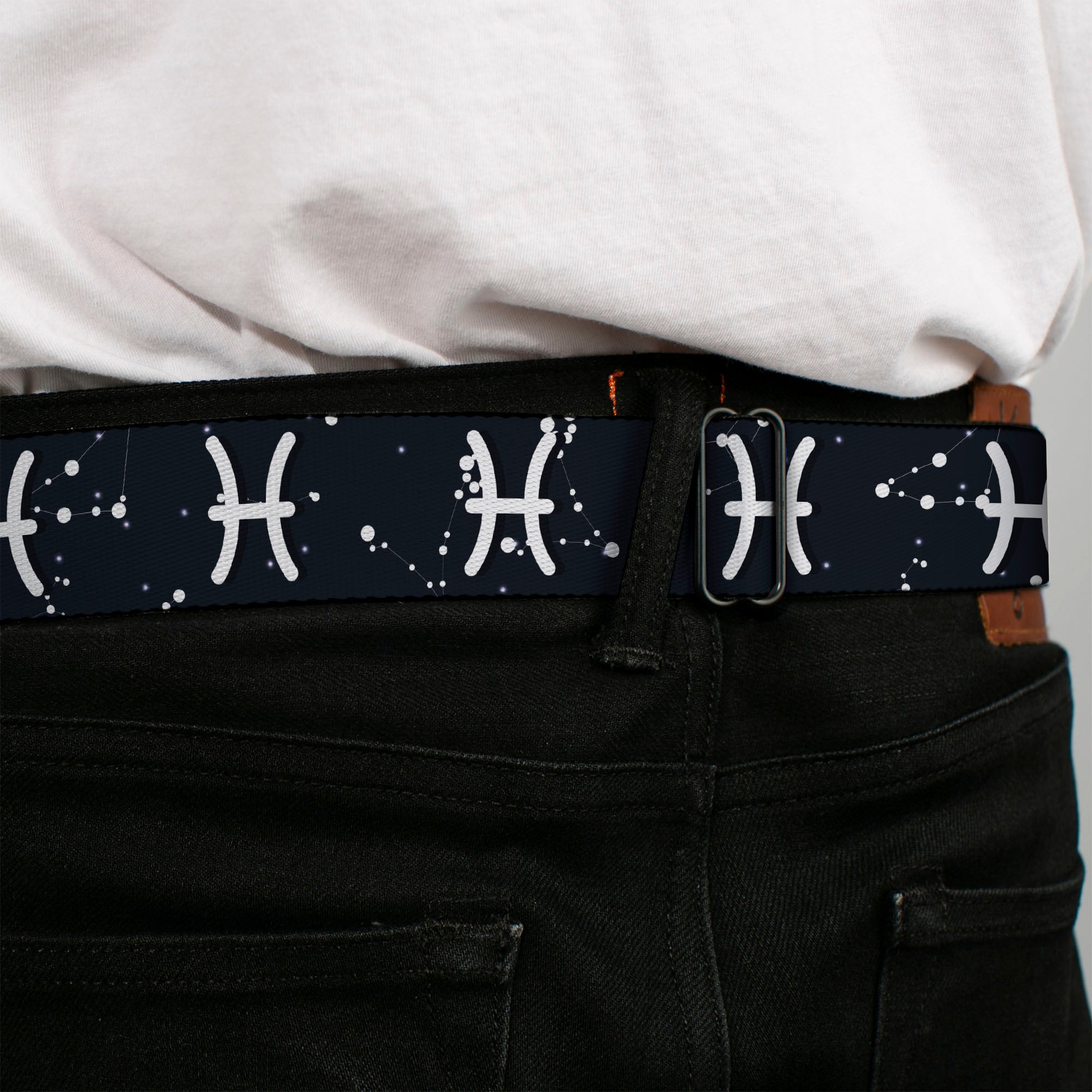 BD Wings Logo CLOSE-UP Full Color Black Silver Seatbelt Belt - Zodiac Pisces Symbol/Constellations Black/White Webbing Seatbelt Belts Buckle-Down