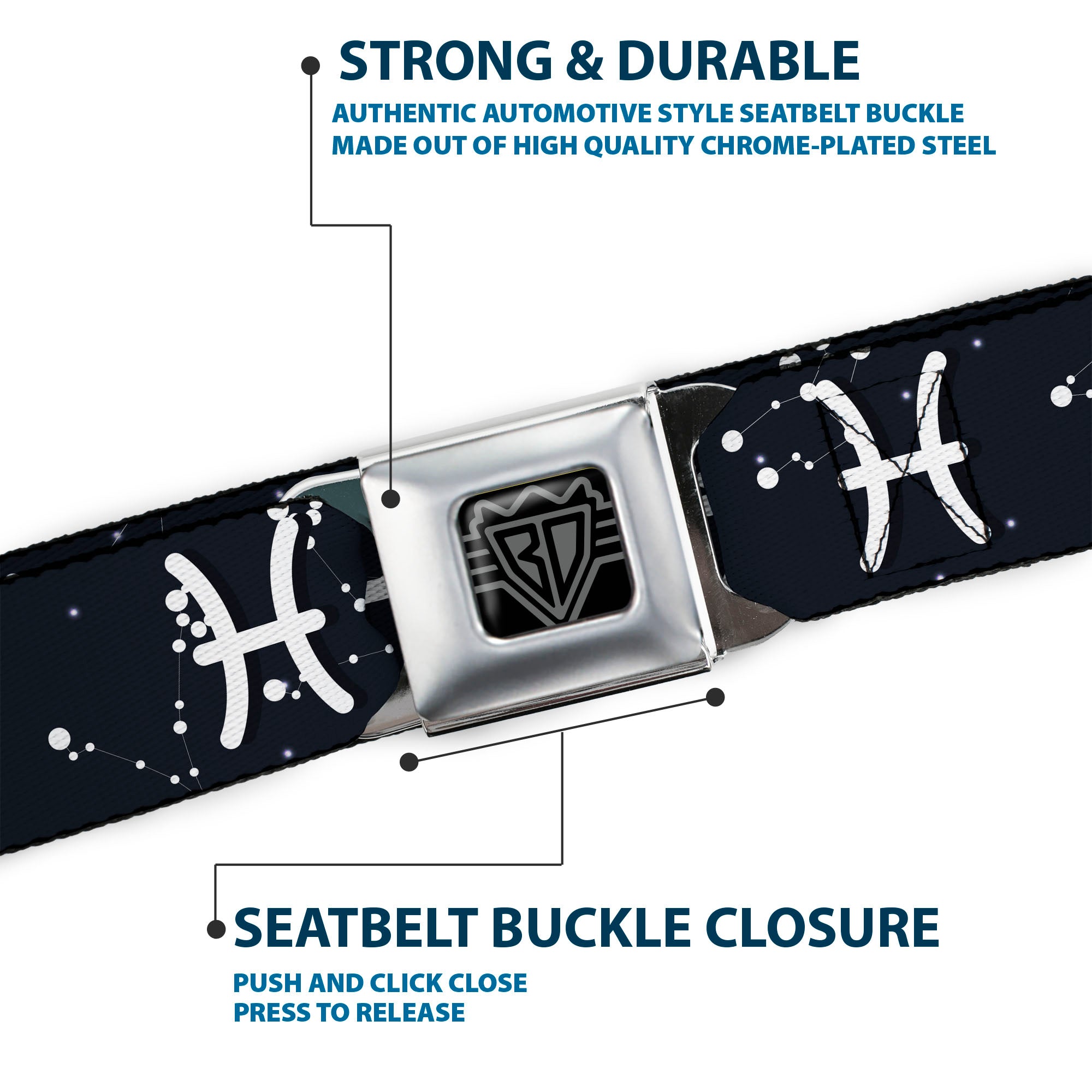 BD Wings Logo CLOSE-UP Full Color Black Silver Seatbelt Belt - Zodiac Pisces Symbol/Constellations Black/White Webbing Seatbelt Belts Buckle-Down