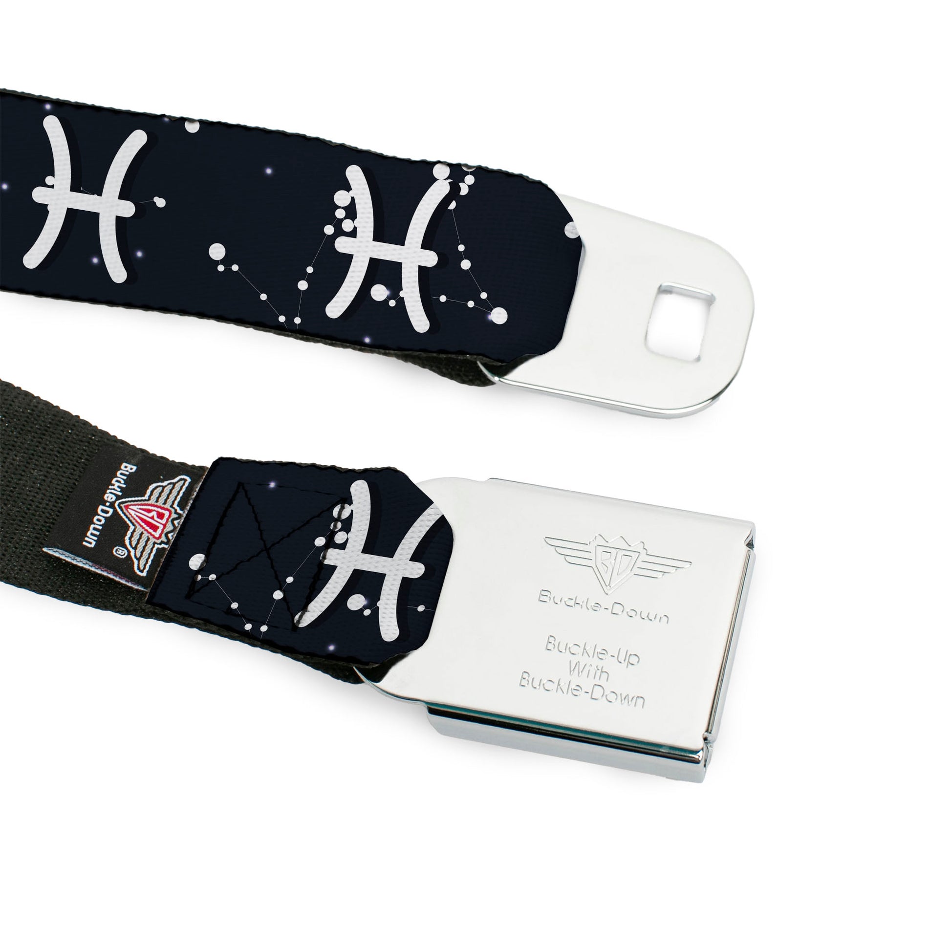 BD Wings Logo CLOSE-UP Full Color Black Silver Seatbelt Belt - Zodiac Pisces Symbol/Constellations Black/White Webbing Seatbelt Belts Buckle-Down