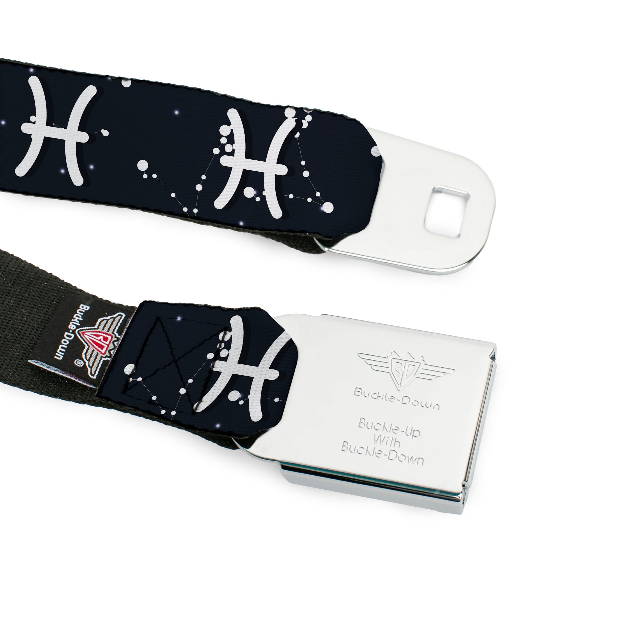 BD Wings Logo CLOSE-UP Full Color Black Silver Seatbelt Belt - Zodiac Pisces Symbol/Constellations Black/White Webbing Seatbelt Belts Buckle-Down