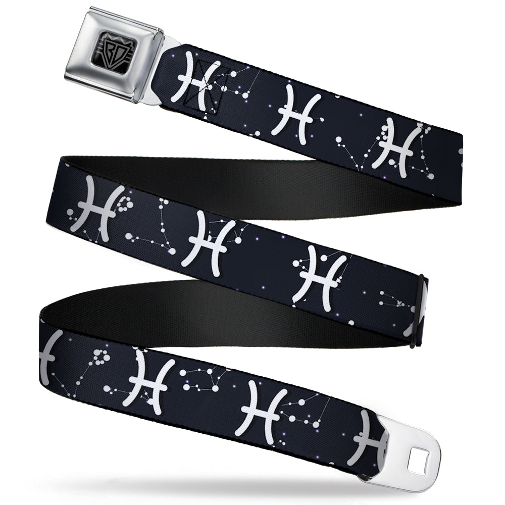 BD Wings Logo CLOSE-UP Full Color Black Silver Seatbelt Belt - Zodiac Pisces Symbol/Constellations Black/White Webbing Seatbelt Belts Buckle-Down