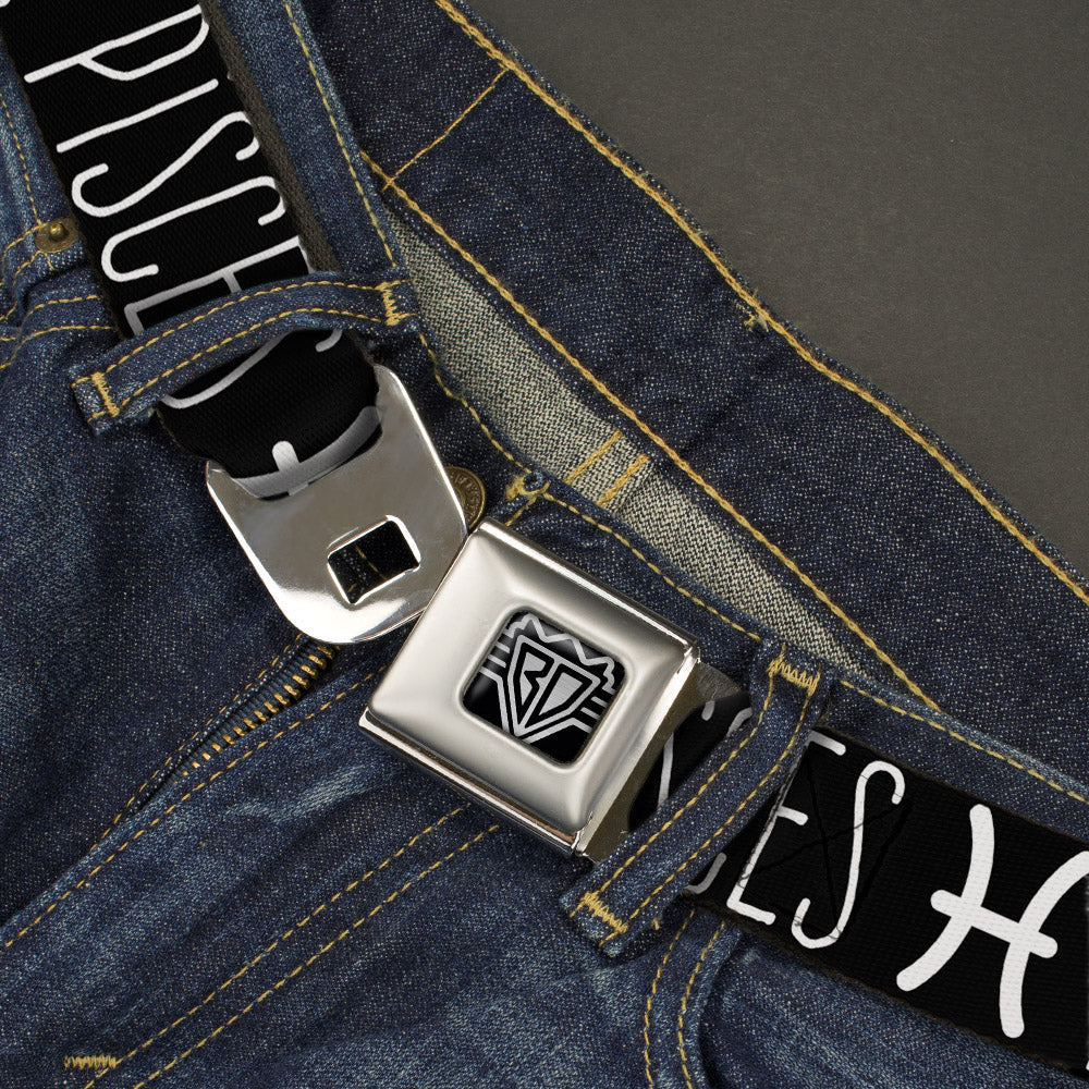 BD Wings Logo CLOSE-UP Full Color Black Silver Seatbelt Belt - Zodiac PISCES/Symbol Black/White Webbing Seatbelt Belts Buckle-Down