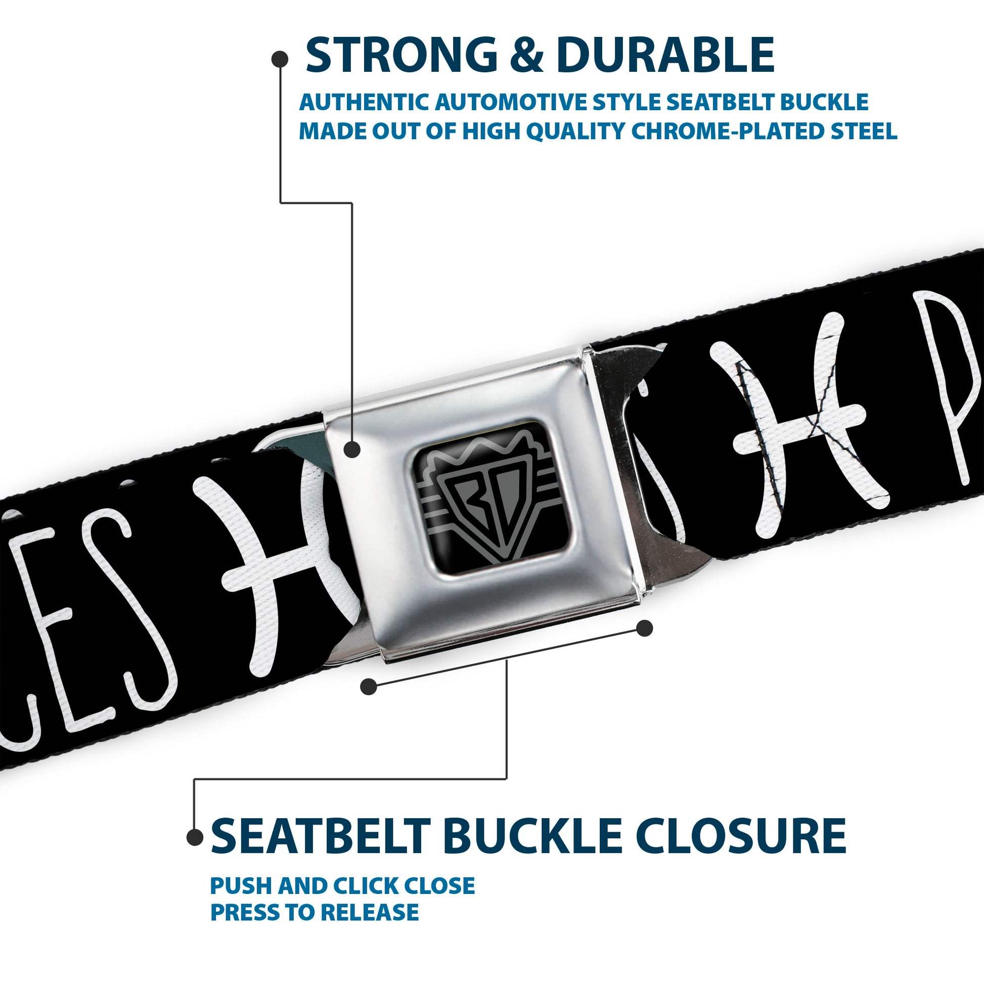 BD Wings Logo CLOSE-UP Full Color Black Silver Seatbelt Belt - Zodiac PISCES/Symbol Black/White Webbing Seatbelt Belts Buckle-Down
