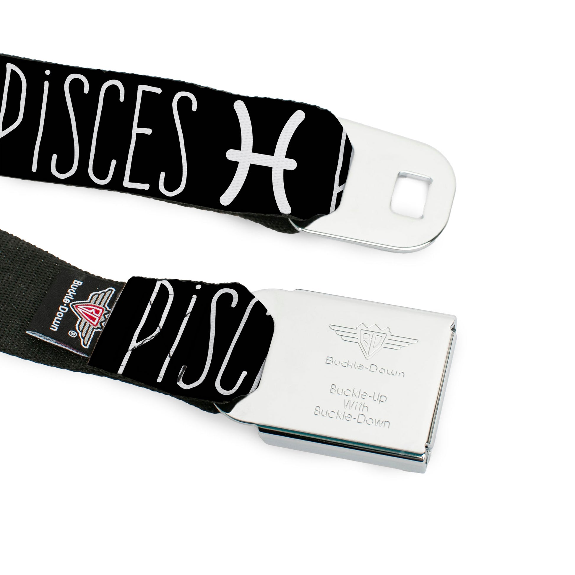 BD Wings Logo CLOSE-UP Full Color Black Silver Seatbelt Belt - Zodiac PISCES/Symbol Black/White Webbing Seatbelt Belts Buckle-Down