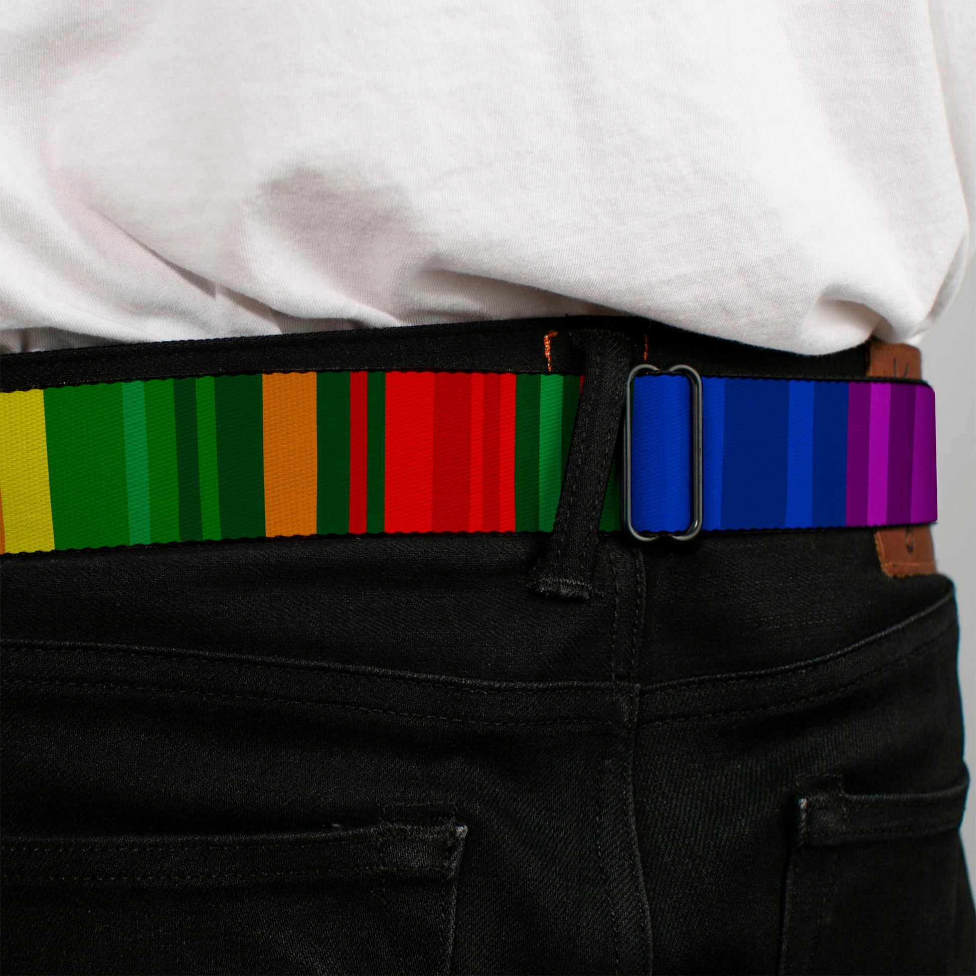 BD Wings Logo CLOSE-UP Black/Silver Seatbelt Belt - Zarape8 Vertical Multi Color Stripe Webbing Seatbelt Belts Buckle-Down