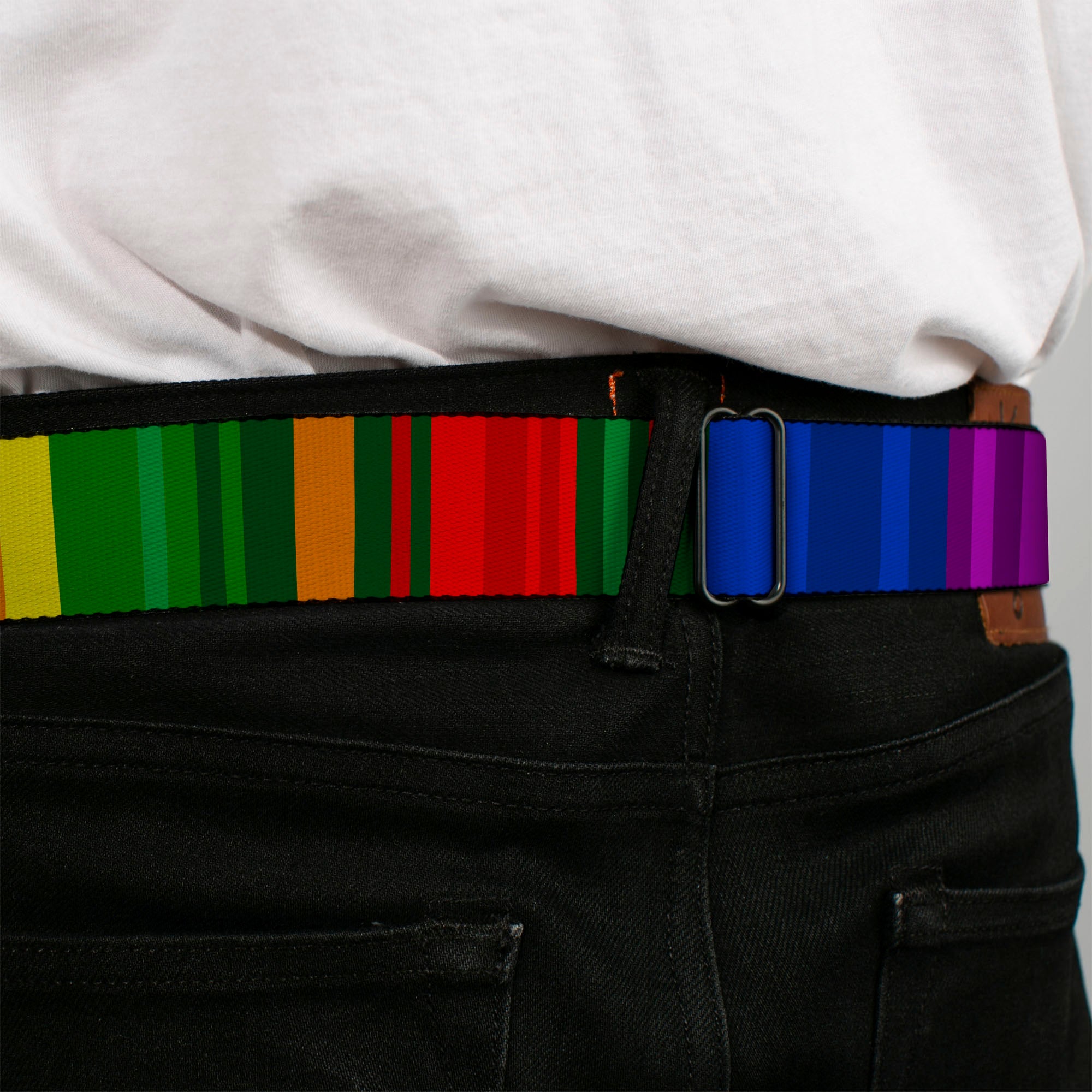 BD Wings Logo CLOSE-UP Black/Silver Seatbelt Belt - Zarape8 Vertical Multi Color Stripe Webbing Seatbelt Belts Buckle-Down