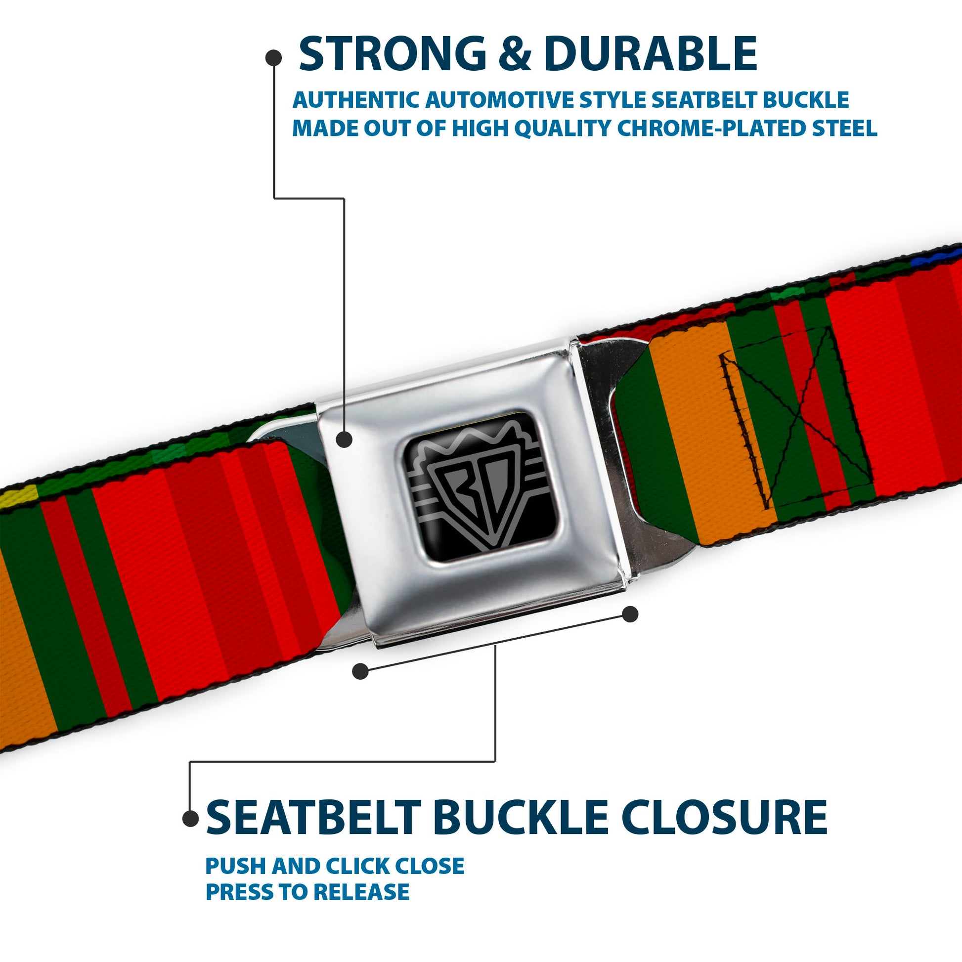 BD Wings Logo CLOSE-UP Black/Silver Seatbelt Belt - Zarape8 Vertical Multi Color Stripe Webbing Seatbelt Belts Buckle-Down