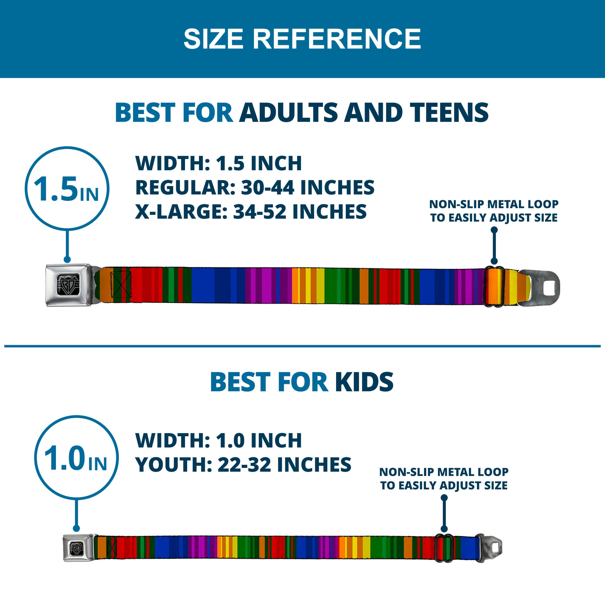 BD Wings Logo CLOSE-UP Black/Silver Seatbelt Belt - Zarape8 Vertical Multi Color Stripe Webbing Seatbelt Belts Buckle-Down