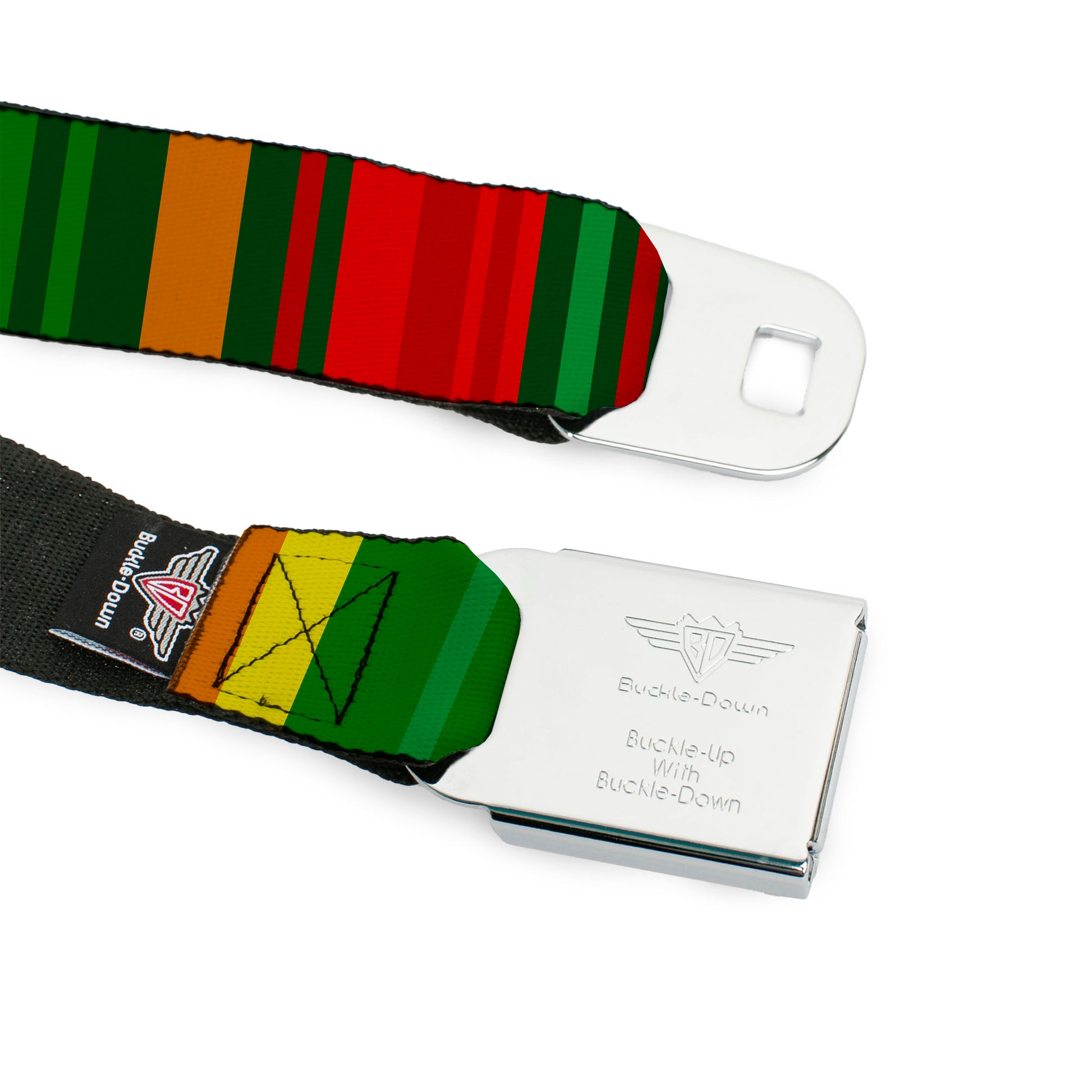 BD Wings Logo CLOSE-UP Black/Silver Seatbelt Belt - Zarape8 Vertical Multi Color Stripe Webbing Seatbelt Belts Buckle-Down