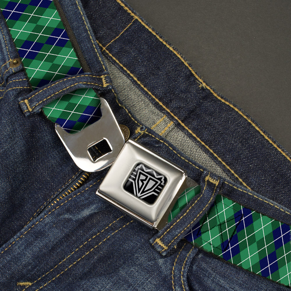 BD Wings Logo CLOSE-UP Full Color Black Silver Seatbelt Belt - Argyle Green/Navy/Green/White Webbing Seatbelt Belts Buckle-Down