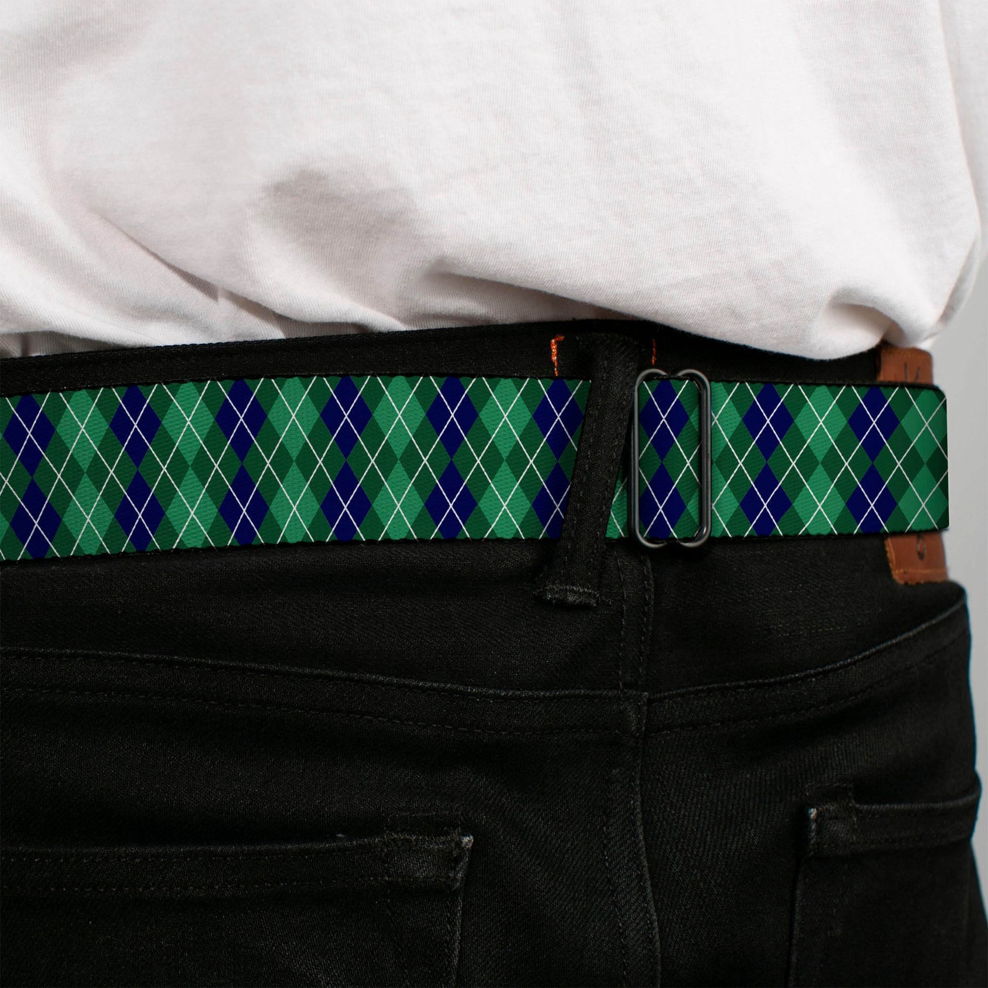 BD Wings Logo CLOSE-UP Full Color Black Silver Seatbelt Belt - Argyle Green/Navy/Green/White Webbing Seatbelt Belts Buckle-Down