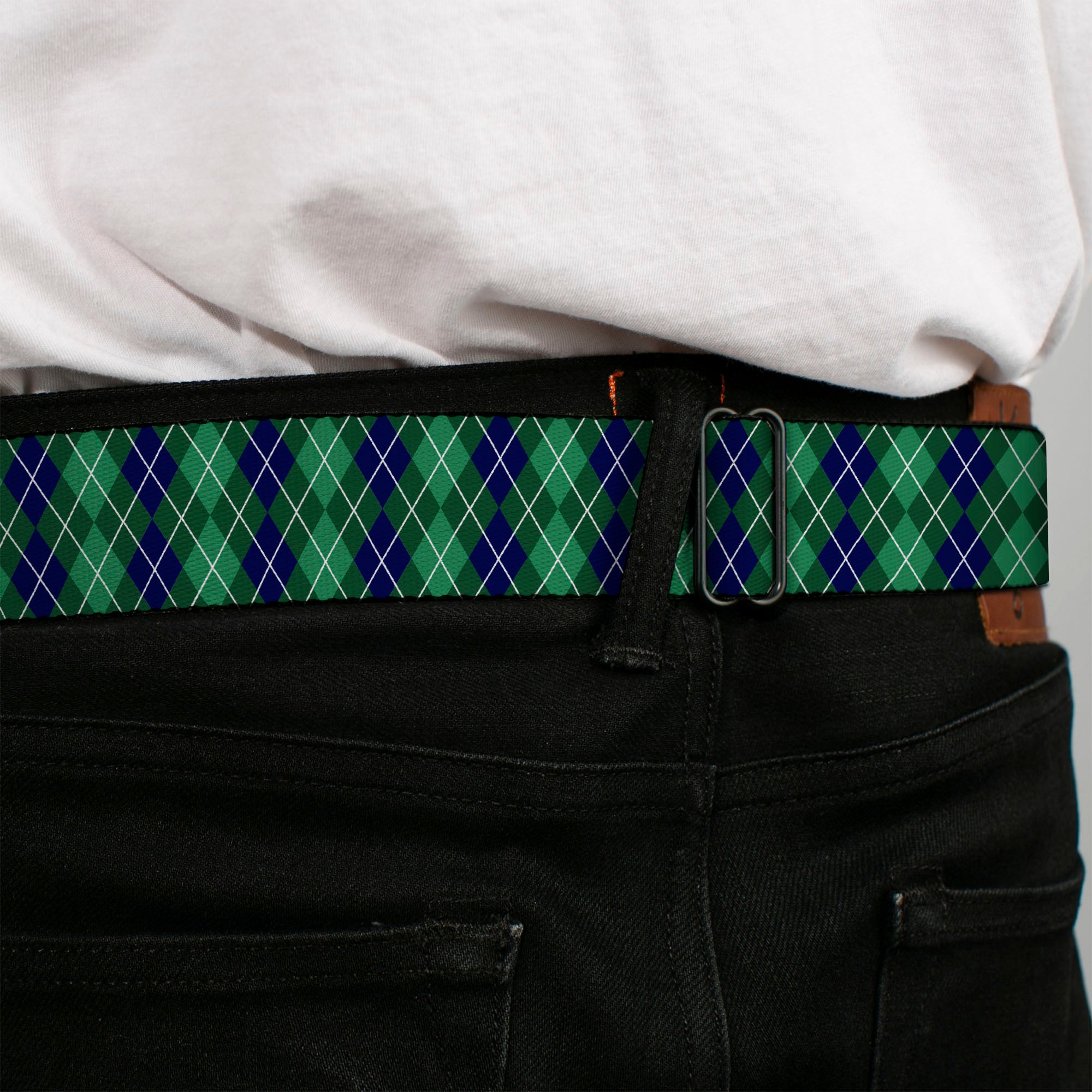 BD Wings Logo CLOSE-UP Full Color Black Silver Seatbelt Belt - Argyle Green/Navy/Green/White Webbing Seatbelt Belts Buckle-Down