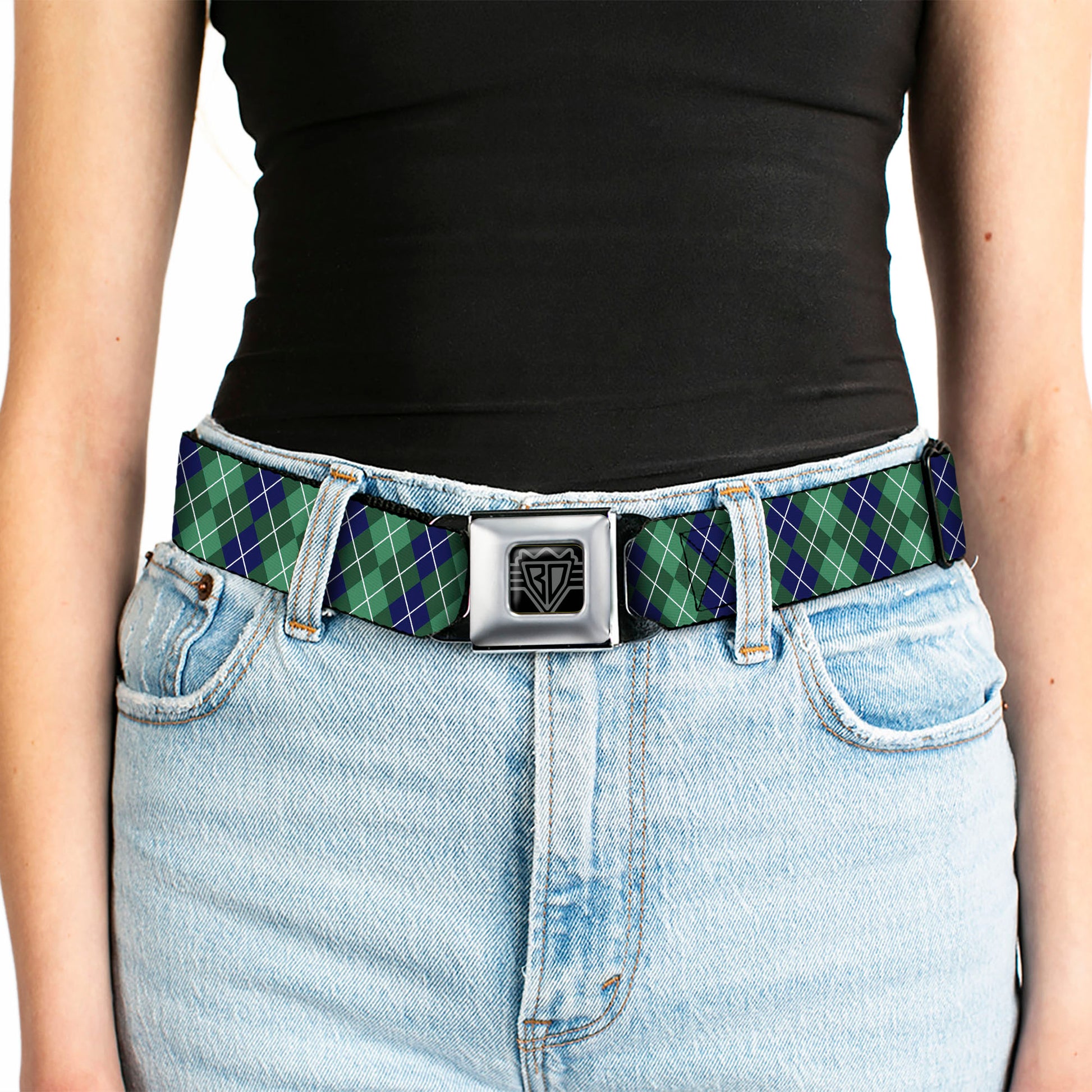 BD Wings Logo CLOSE-UP Full Color Black Silver Seatbelt Belt - Argyle Green/Navy/Green/White Webbing Seatbelt Belts Buckle-Down