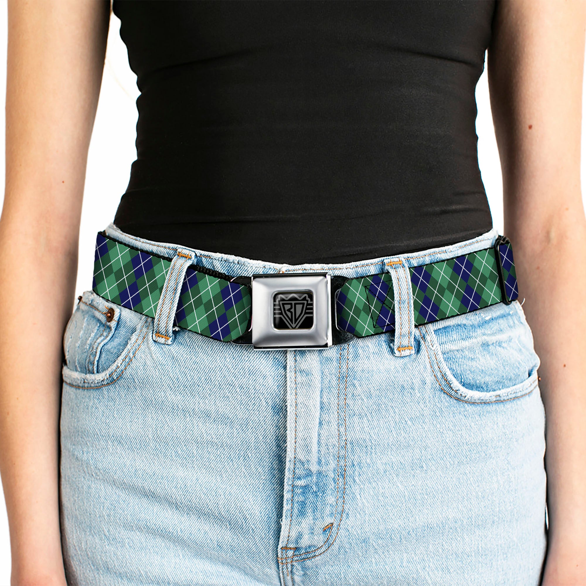 BD Wings Logo CLOSE-UP Full Color Black Silver Seatbelt Belt - Argyle Green/Navy/Green/White Webbing Seatbelt Belts Buckle-Down
