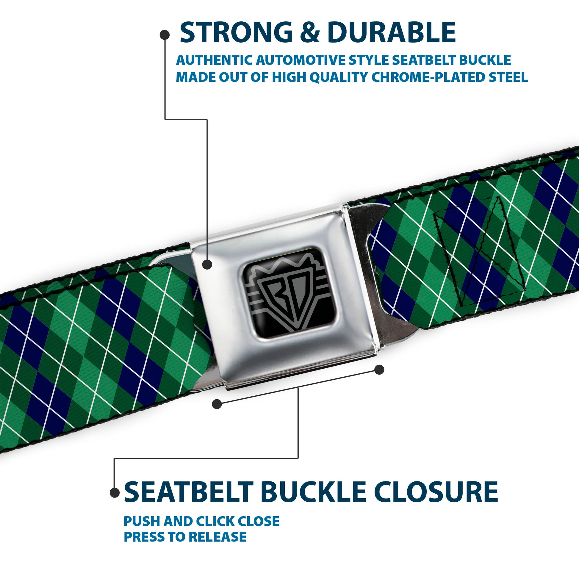 BD Wings Logo CLOSE-UP Full Color Black Silver Seatbelt Belt - Argyle Green/Navy/Green/White Webbing Seatbelt Belts Buckle-Down