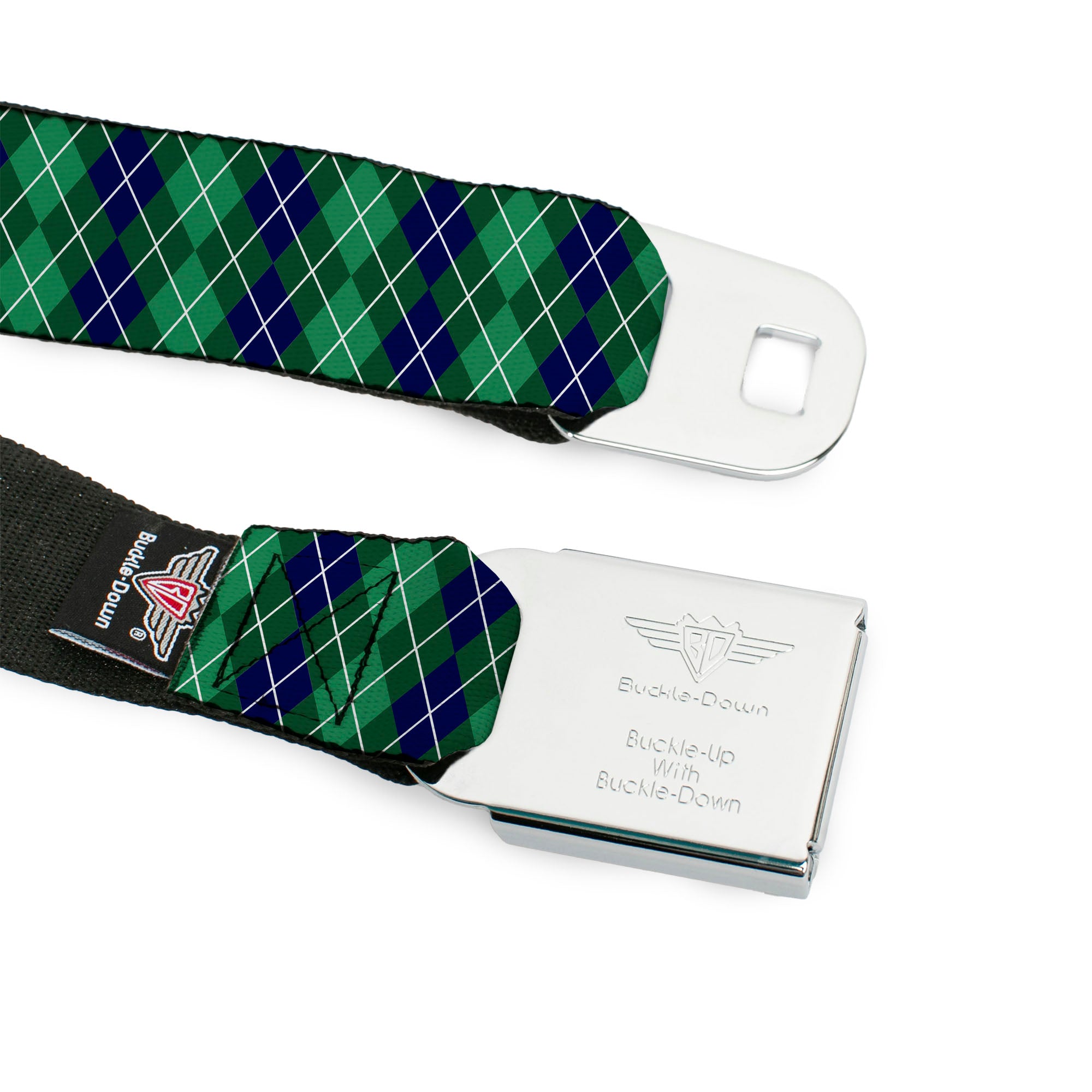 BD Wings Logo CLOSE-UP Full Color Black Silver Seatbelt Belt - Argyle Green/Navy/Green/White Webbing Seatbelt Belts Buckle-Down