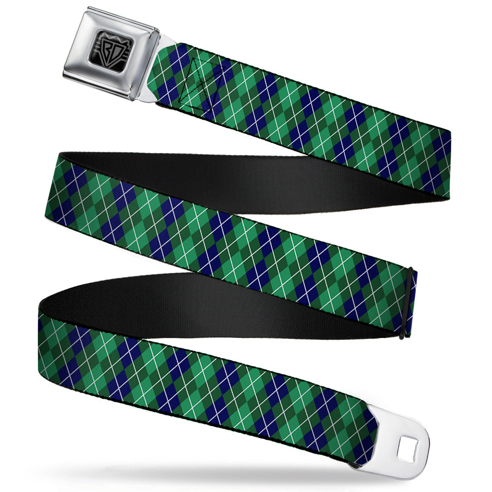 BD Wings Logo CLOSE-UP Full Color Black Silver Seatbelt Belt - Argyle Green/Navy/Green/White Webbing Seatbelt Belts Buckle-Down