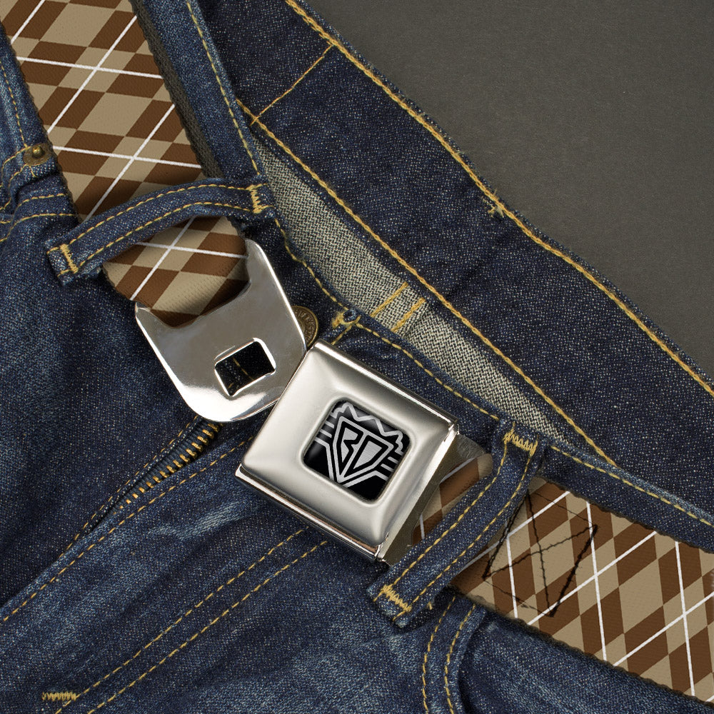 BD Wings Logo CLOSE-UP Full Color Black Silver Seatbelt Belt - Argyle Tan/Brown/White Webbing Seatbelt Belts Buckle-Down