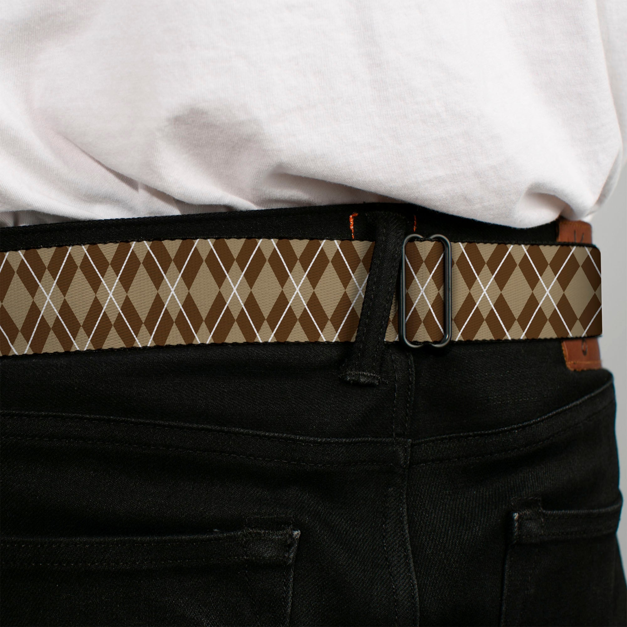 BD Wings Logo CLOSE-UP Full Color Black Silver Seatbelt Belt - Argyle Tan/Brown/White Webbing Seatbelt Belts Buckle-Down