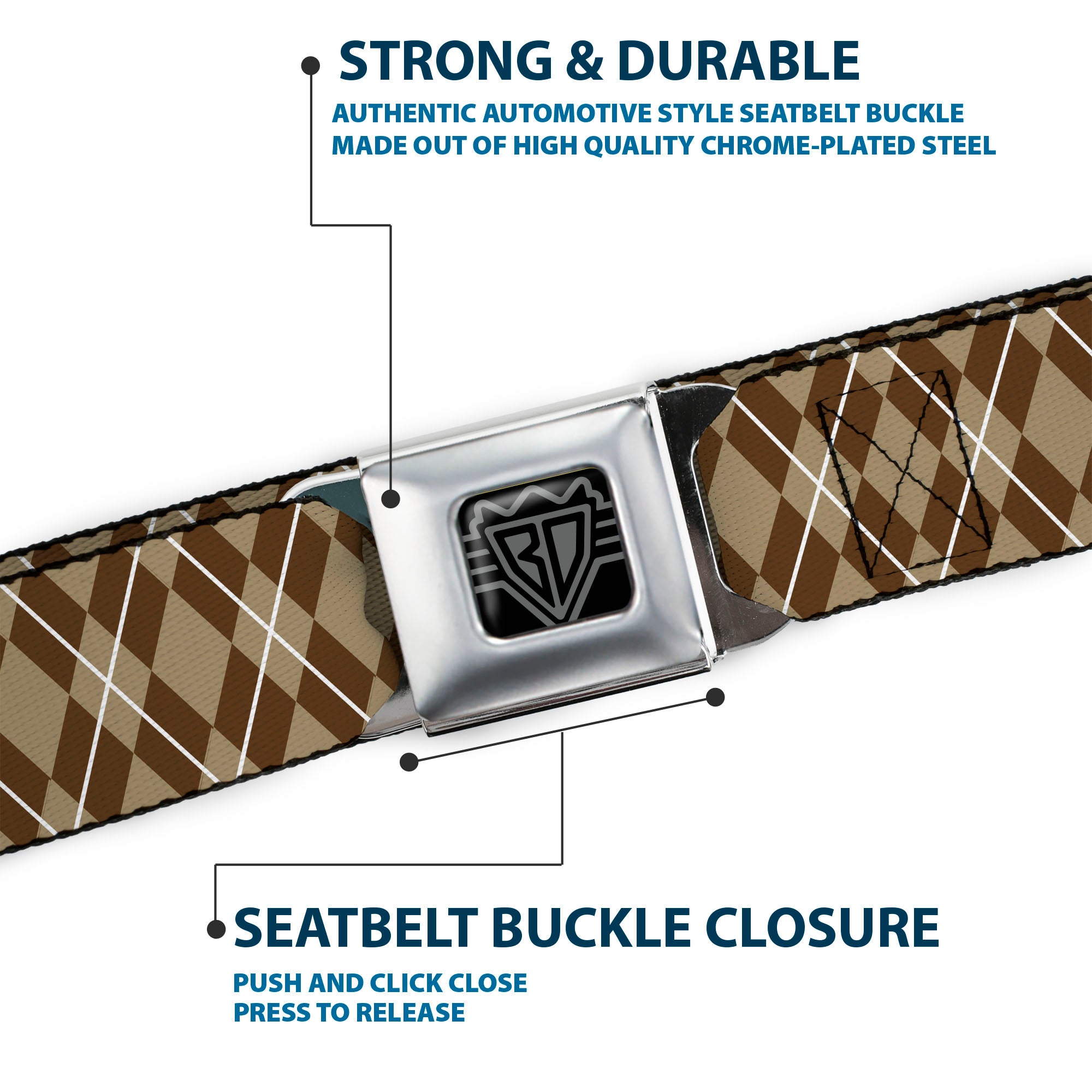 BD Wings Logo CLOSE-UP Full Color Black Silver Seatbelt Belt - Argyle Tan/Brown/White Webbing Seatbelt Belts Buckle-Down