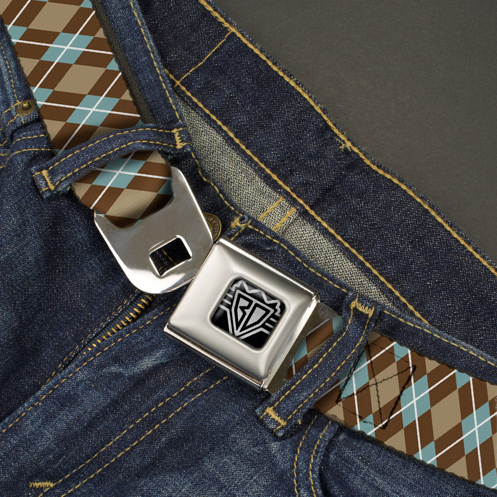 BD Wings Logo CLOSE-UP Full Color Black Silver Seatbelt Belt - Argyle Tan/Brown/Blue/White Webbing Seatbelt Belts Buckle-Down