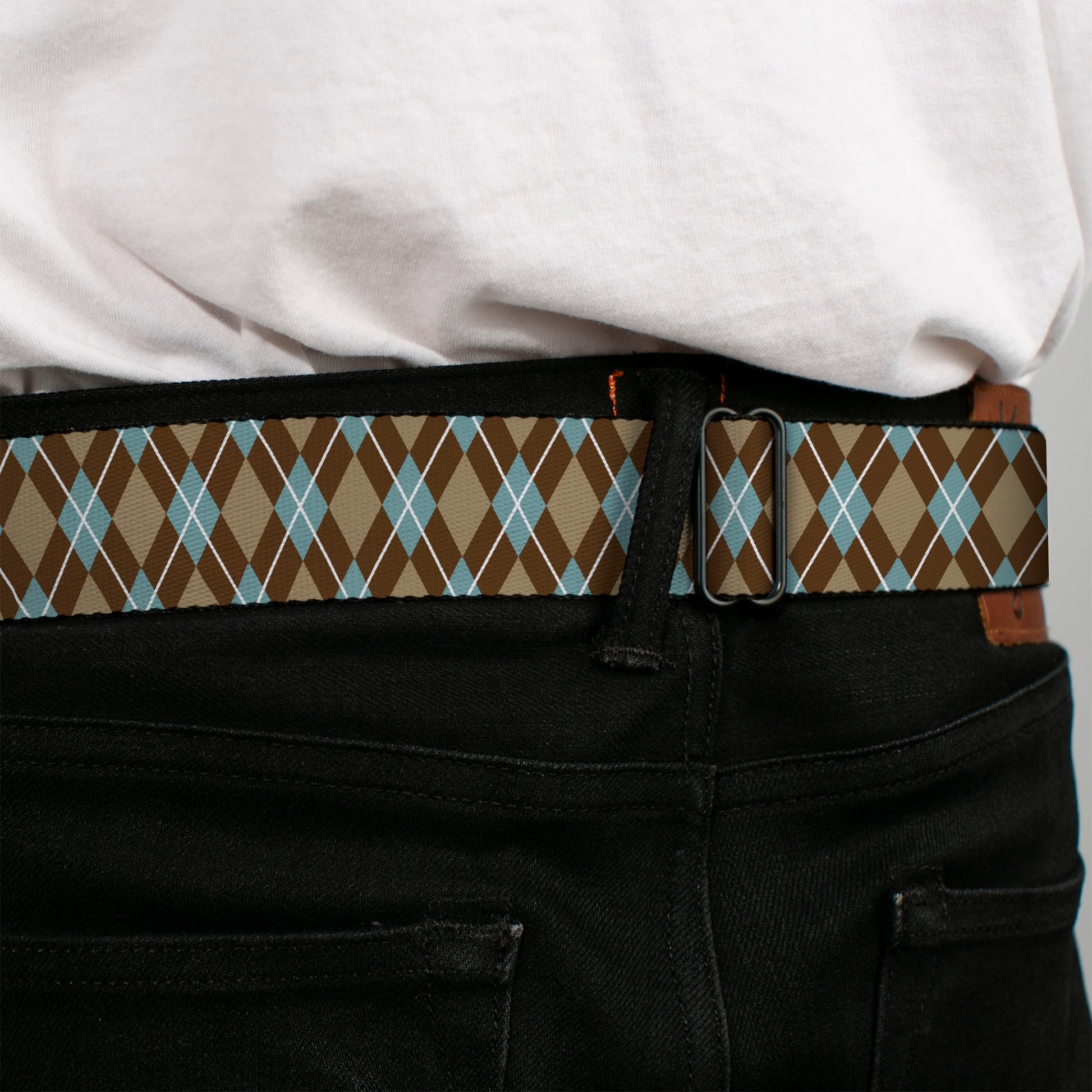 BD Wings Logo CLOSE-UP Full Color Black Silver Seatbelt Belt - Argyle Tan/Brown/Blue/White Webbing Seatbelt Belts Buckle-Down