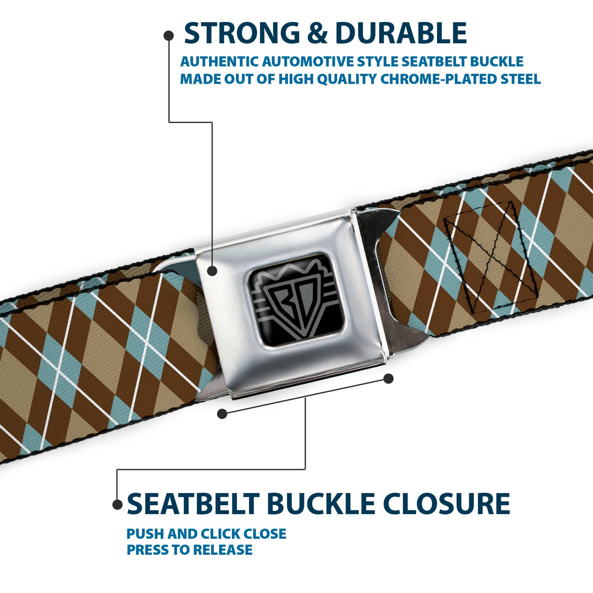BD Wings Logo CLOSE-UP Full Color Black Silver Seatbelt Belt - Argyle Tan/Brown/Blue/White Webbing Seatbelt Belts Buckle-Down