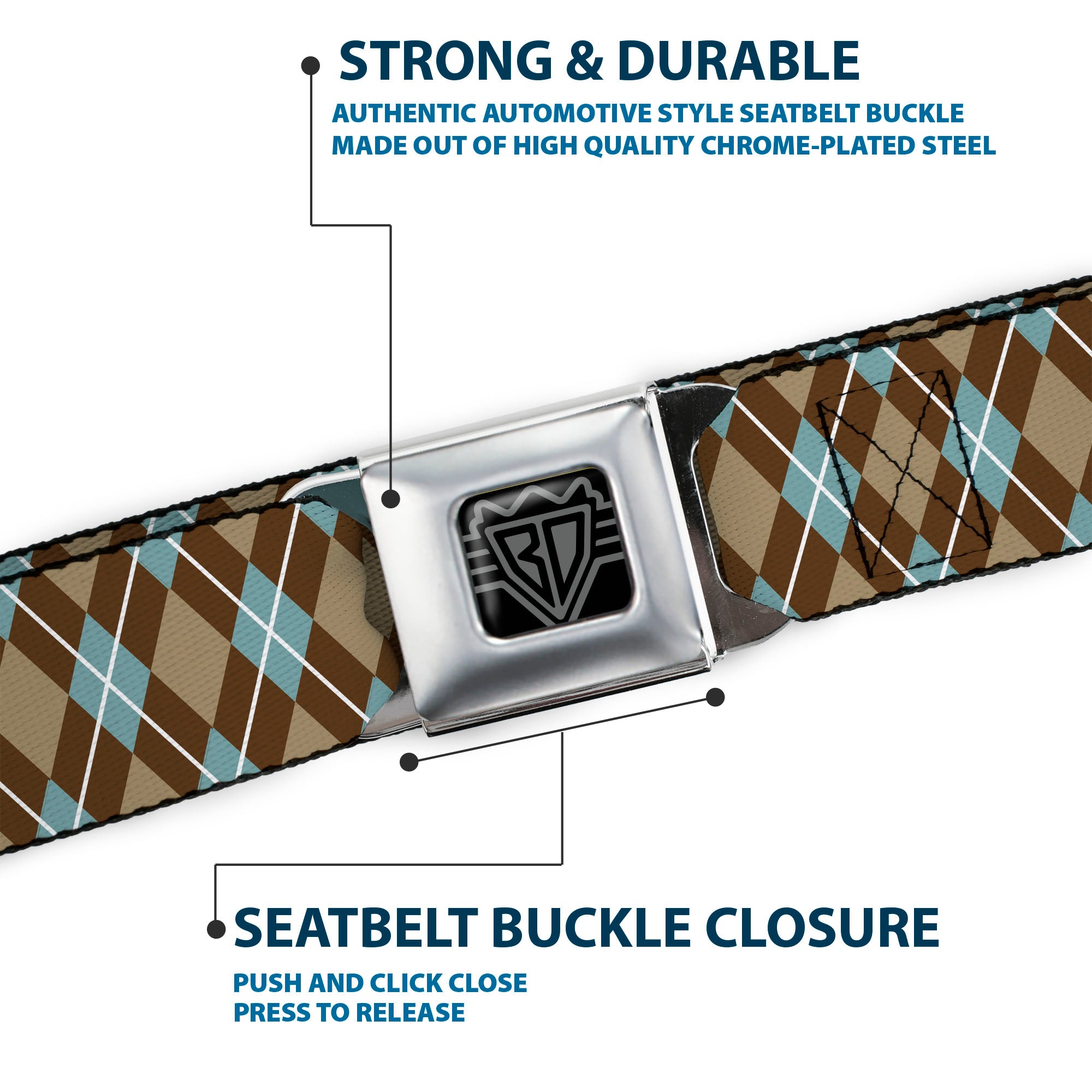 BD Wings Logo CLOSE-UP Full Color Black Silver Seatbelt Belt - Argyle Tan/Brown/Blue/White Webbing Seatbelt Belts Buckle-Down
