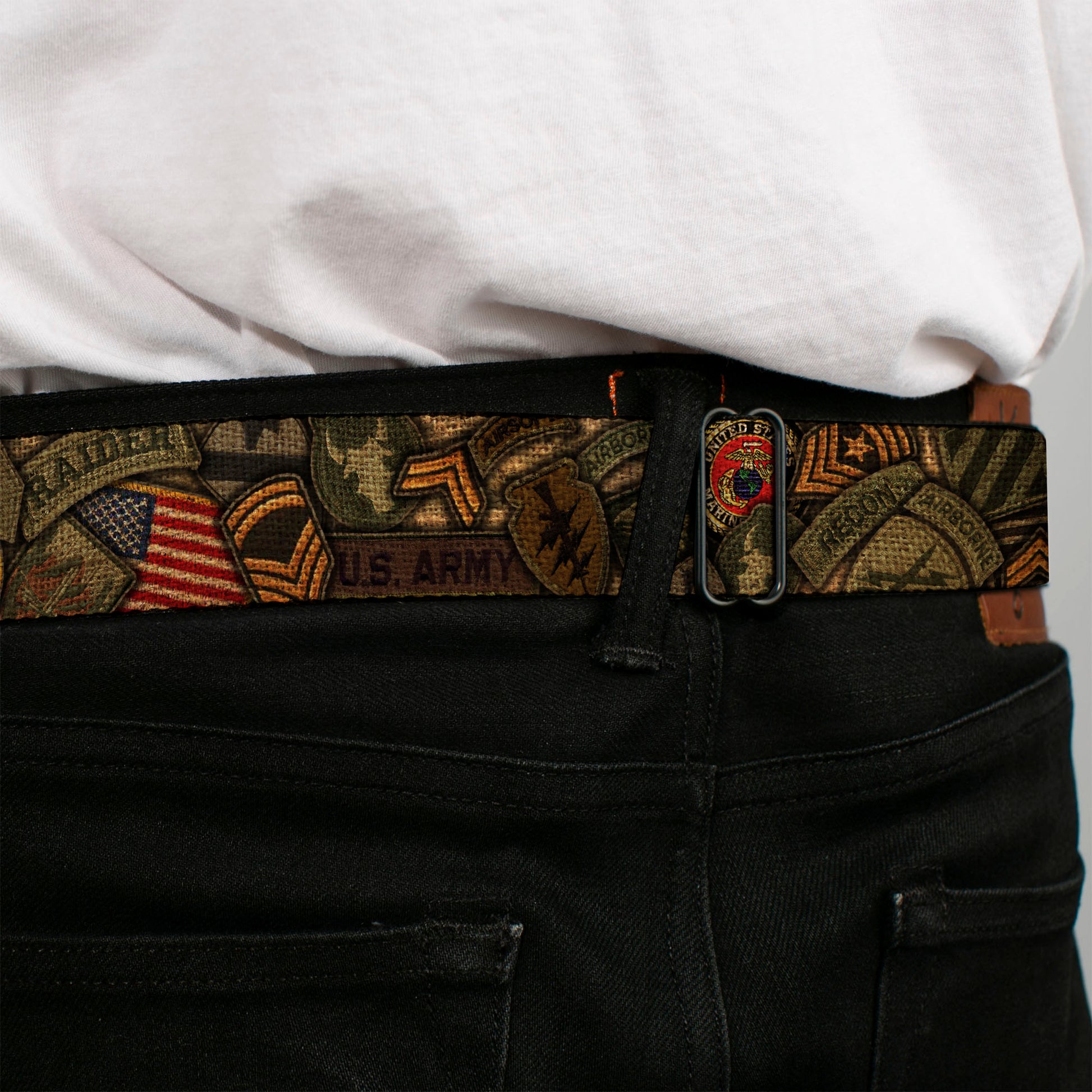 BD Wings Logo CLOSE-UP Full Color Black Silver Seatbelt Belt - Armed Forces Military Badges Stacked Webbing Seatbelt Belts Buckle-Down