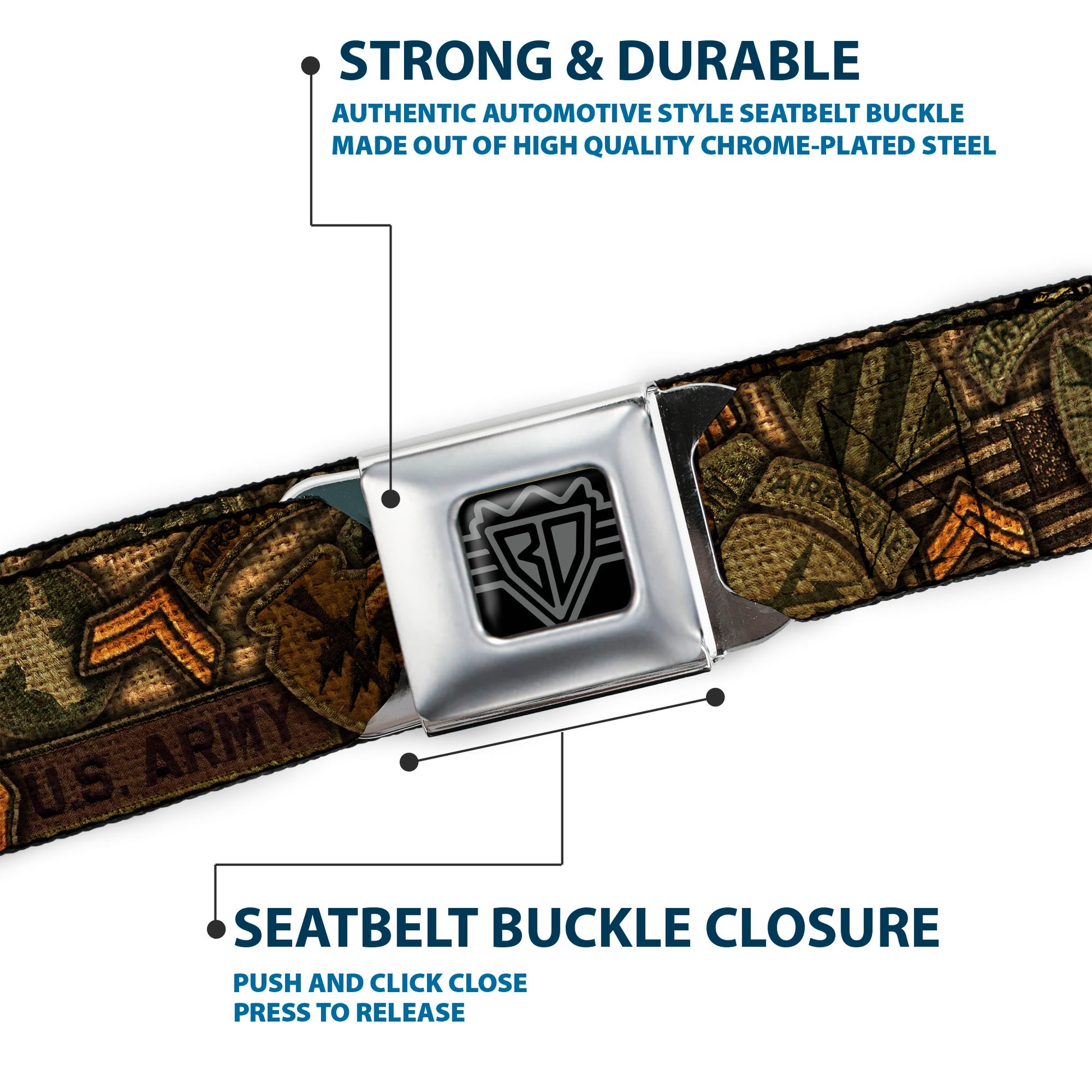 BD Wings Logo CLOSE-UP Full Color Black Silver Seatbelt Belt - Armed Forces Military Badges Stacked Webbing Seatbelt Belts Buckle-Down