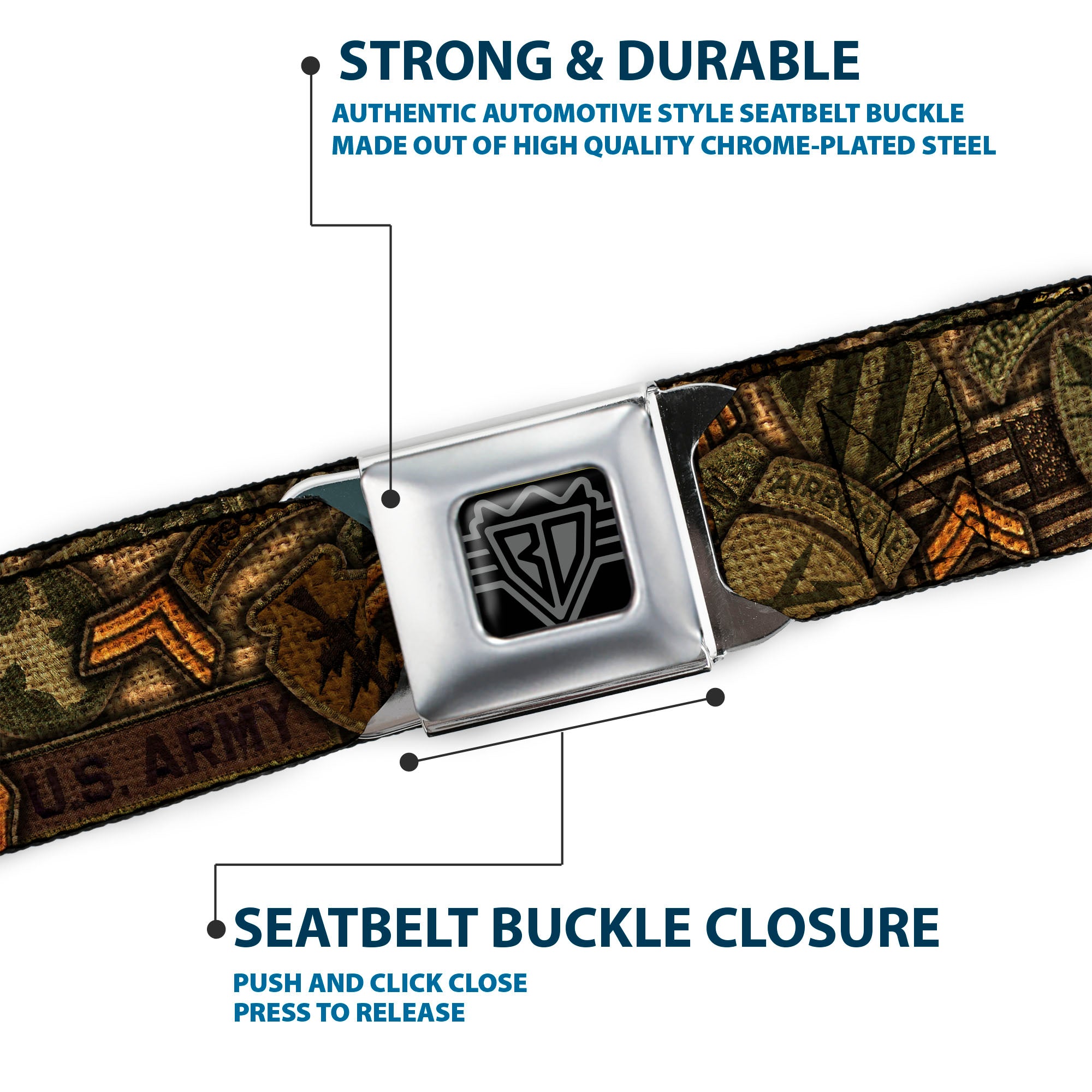 BD Wings Logo CLOSE-UP Full Color Black Silver Seatbelt Belt - Armed Forces Military Badges Stacked Webbing Seatbelt Belts Buckle-Down