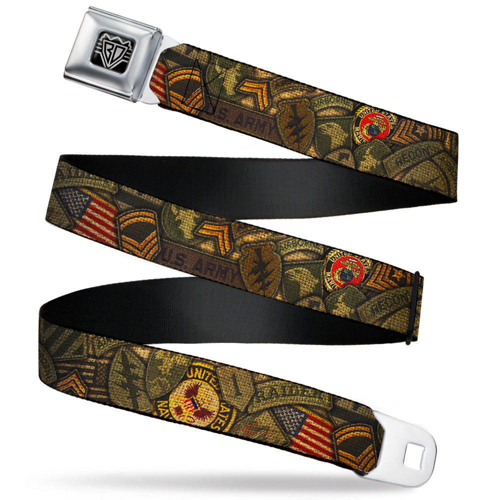 BD Wings Logo CLOSE-UP Full Color Black Silver Seatbelt Belt - Armed Forces Military Badges Stacked Webbing Seatbelt Belts Buckle-Down