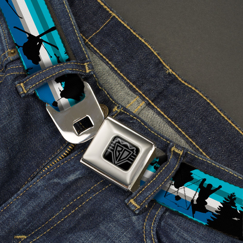 BD Wings Logo CLOSE-UP Black/Silver Seatbelt Belt - Action Ski Pose/Tree Silhouettes/Stripes Blues/Black Webbing Seatbelt Belts Buckle-Down