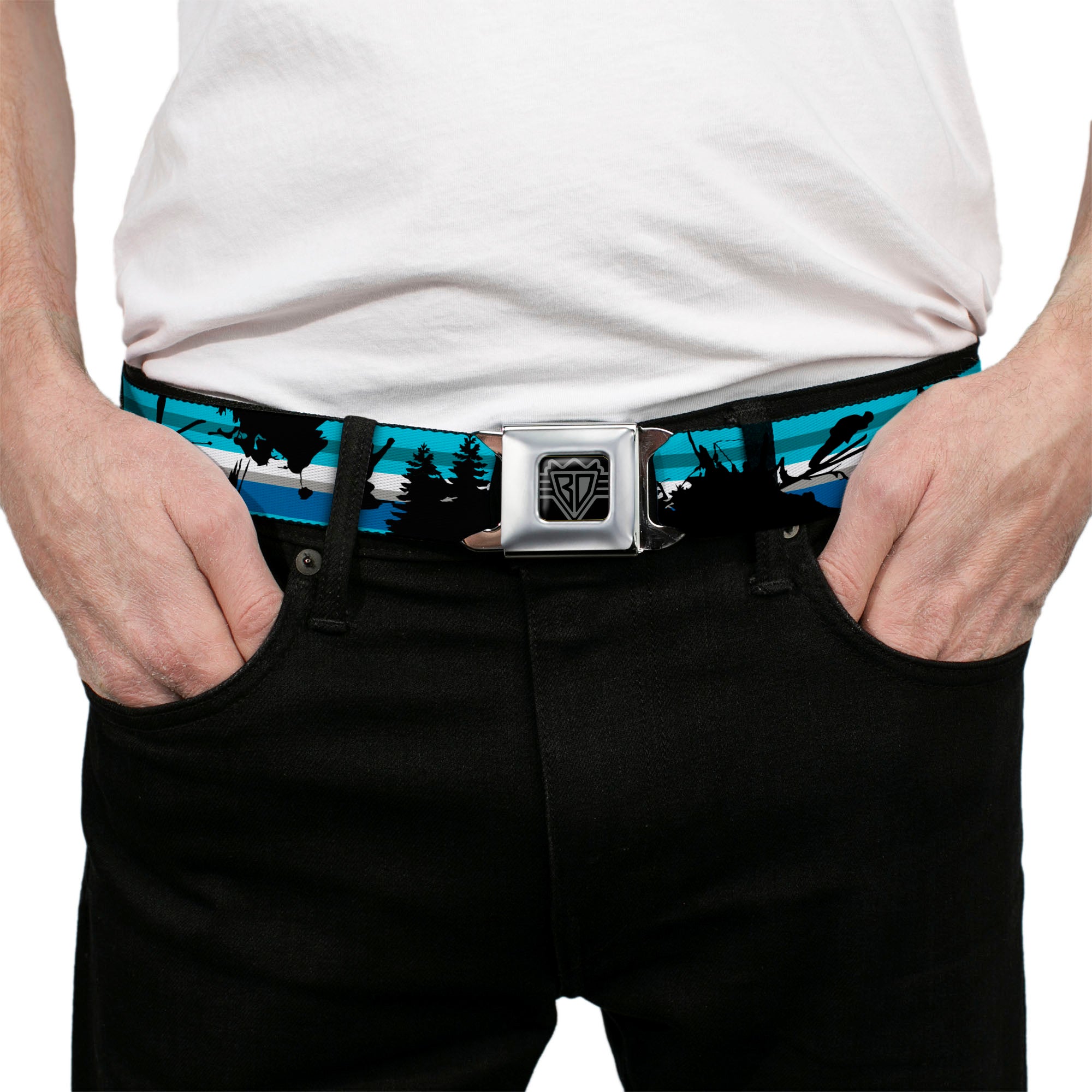 BD Wings Logo CLOSE-UP Black/Silver Seatbelt Belt - Action Ski Pose/Tree Silhouettes/Stripes Blues/Black Webbing Seatbelt Belts Buckle-Down