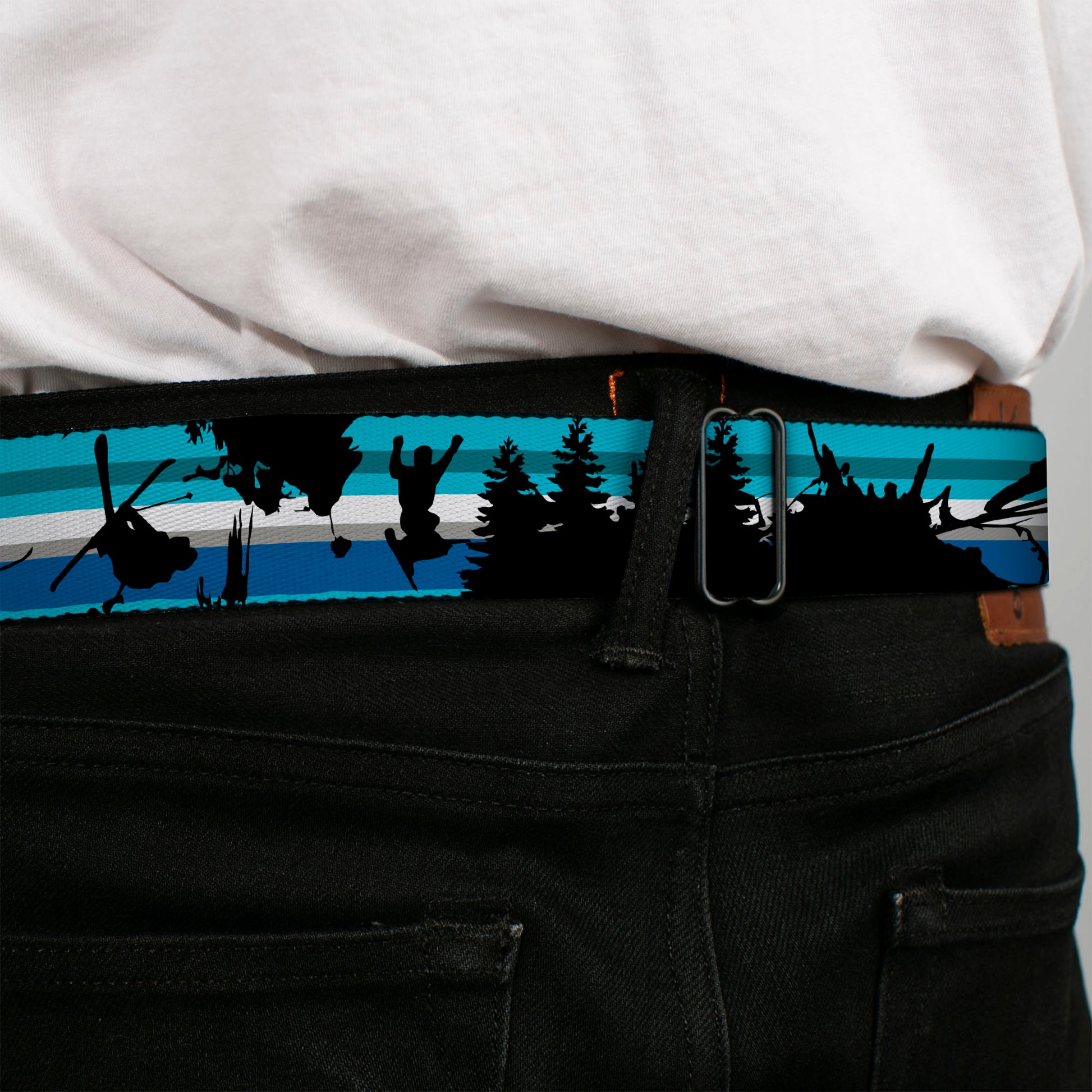 BD Wings Logo CLOSE-UP Black/Silver Seatbelt Belt - Action Ski Pose/Tree Silhouettes/Stripes Blues/Black Webbing Seatbelt Belts Buckle-Down