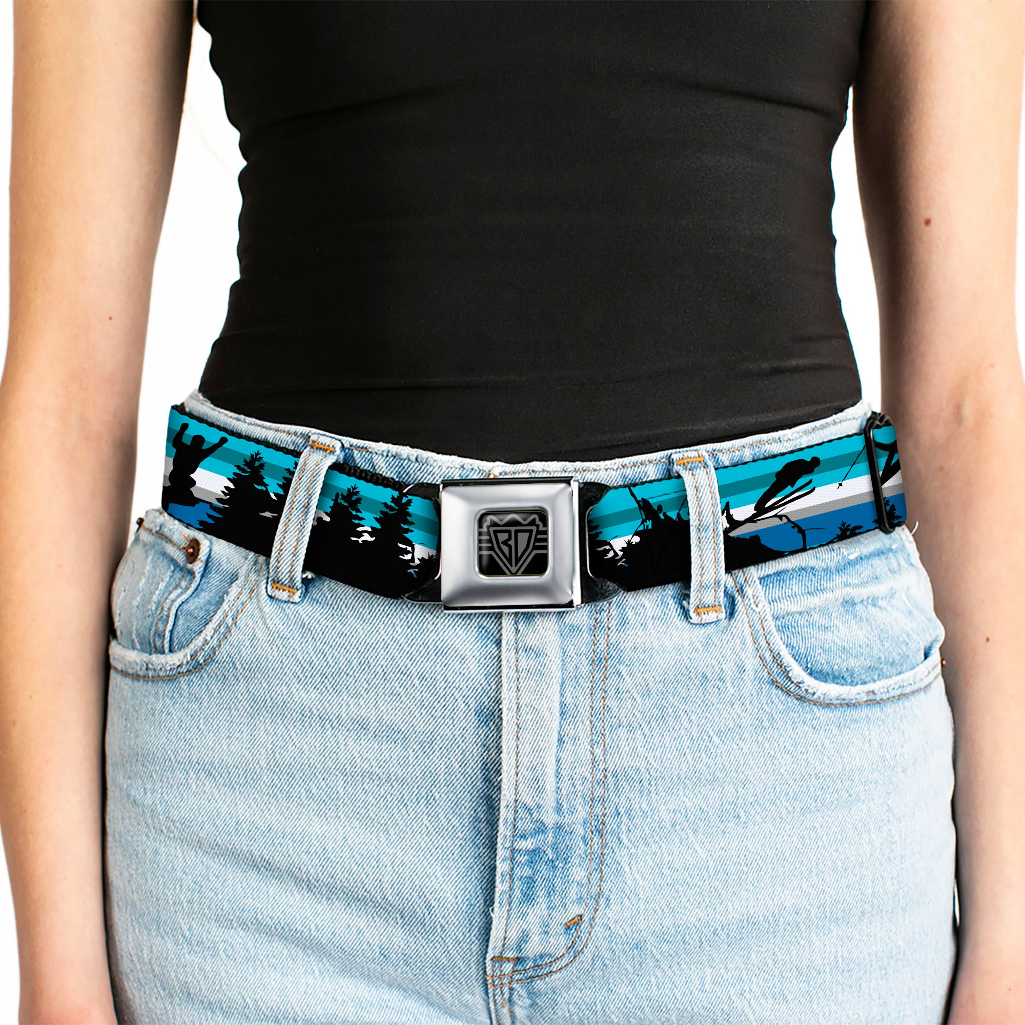 BD Wings Logo CLOSE-UP Black/Silver Seatbelt Belt - Action Ski Pose/Tree Silhouettes/Stripes Blues/Black Webbing Seatbelt Belts Buckle-Down