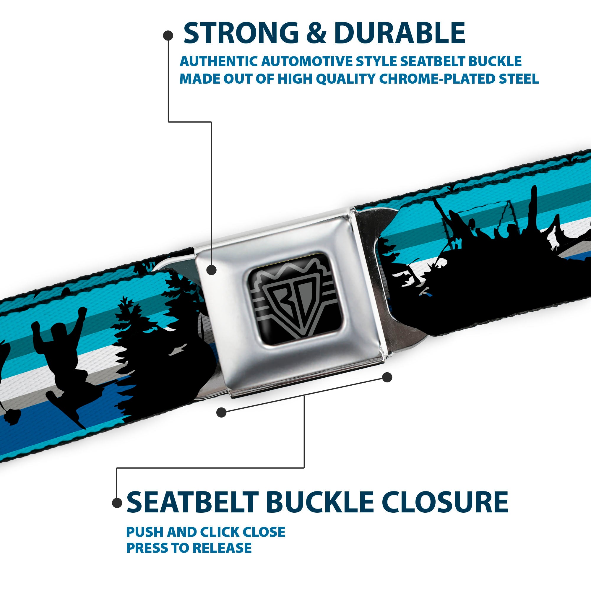 BD Wings Logo CLOSE-UP Black/Silver Seatbelt Belt - Action Ski Pose/Tree Silhouettes/Stripes Blues/Black Webbing Seatbelt Belts Buckle-Down